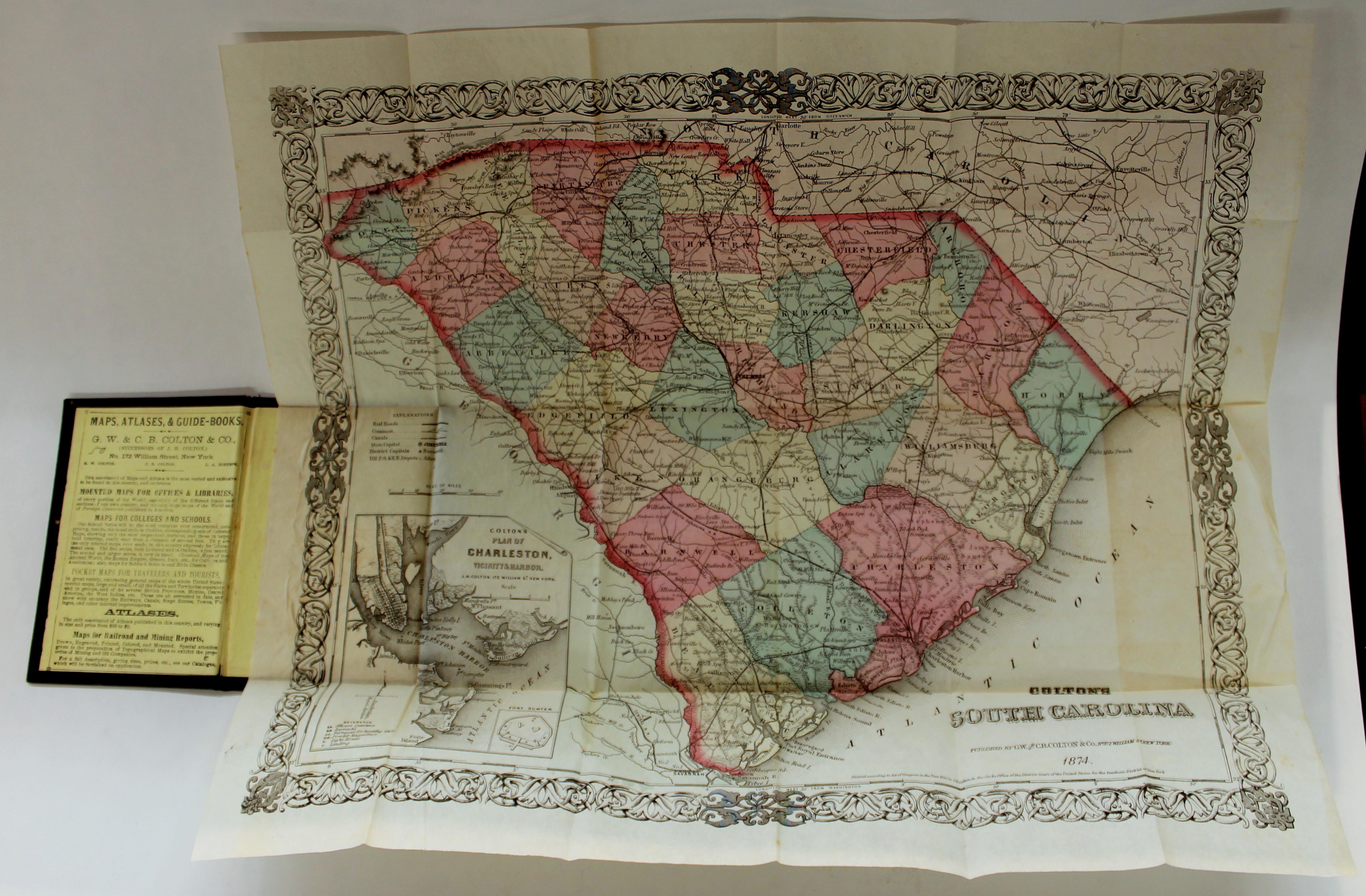 Antique Engraved Hand Colored Colton & Co. Pocket Book Map of South Carolina For Sale 1