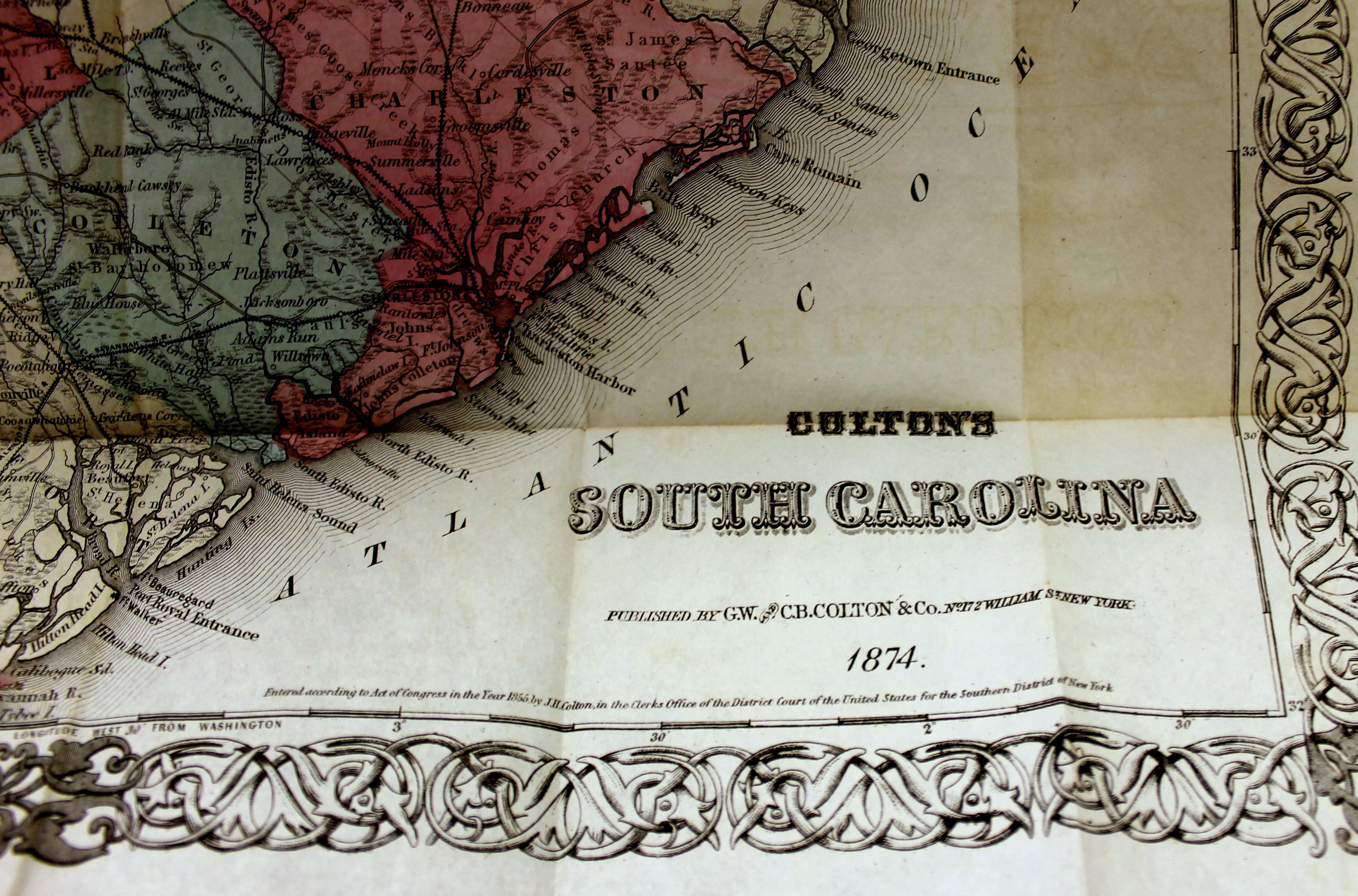 Antique Engraved Hand Colored Colton & Co. Pocket Book Map of South Carolina For Sale 2