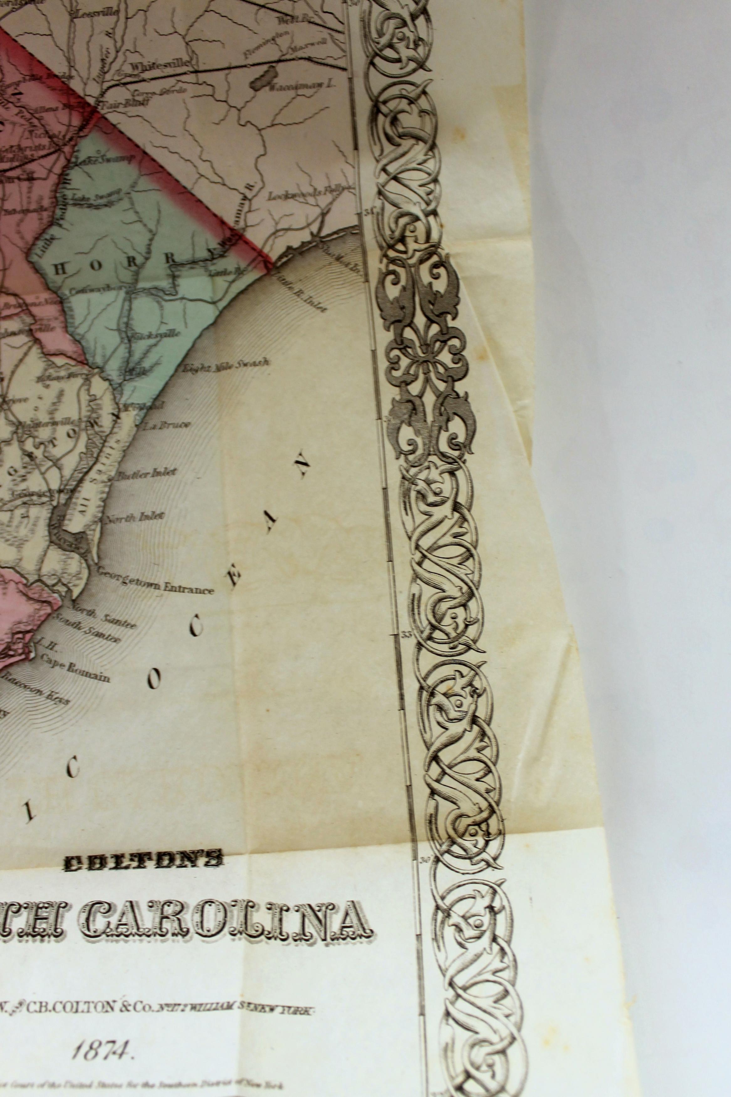 Antique Engraved Hand Colored Colton & Co. Pocket Book Map of South Carolina For Sale 7