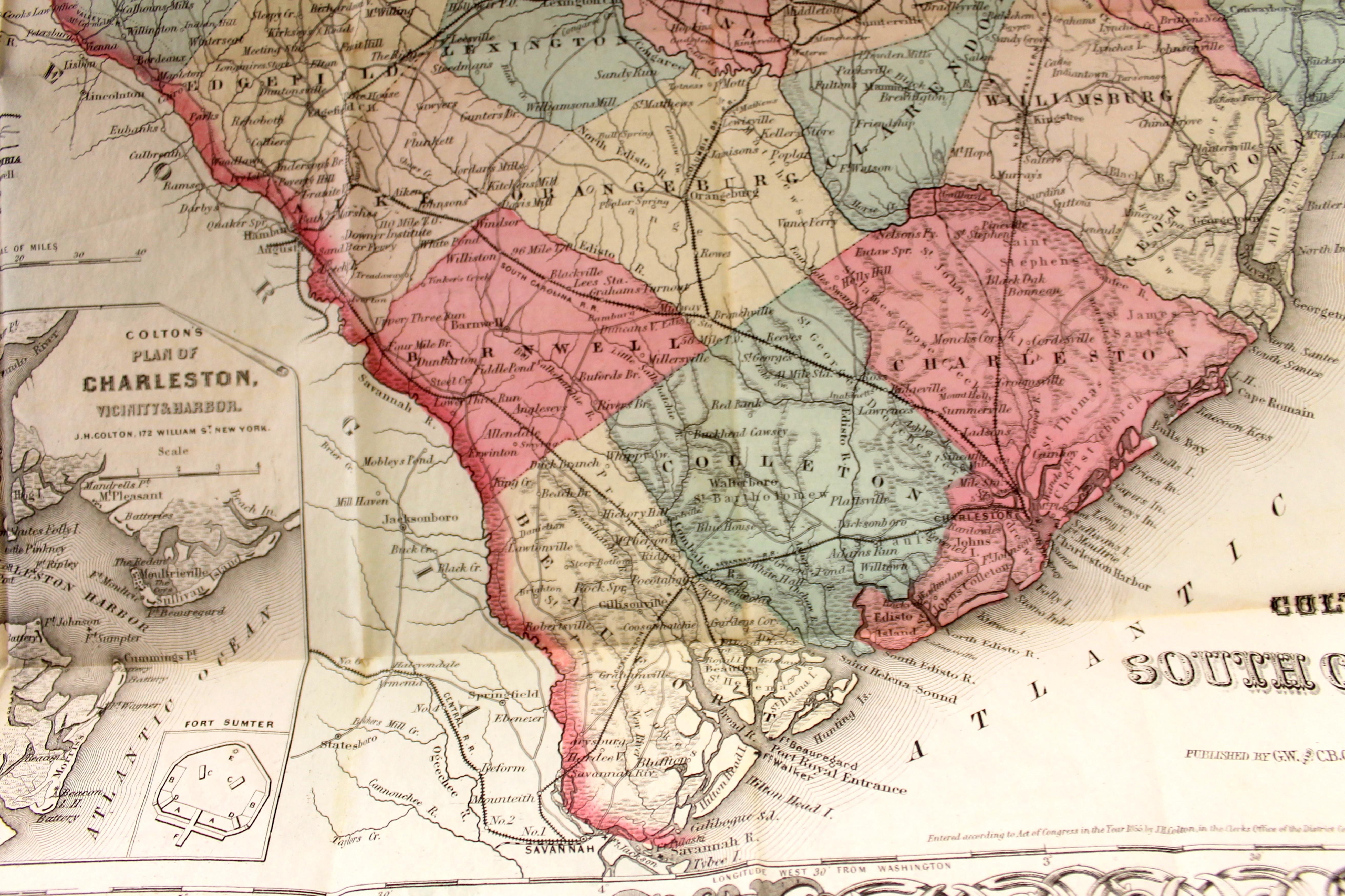 Antique Engraved Hand Colored Colton & Co. Pocket Book Map of South Carolina For Sale 10