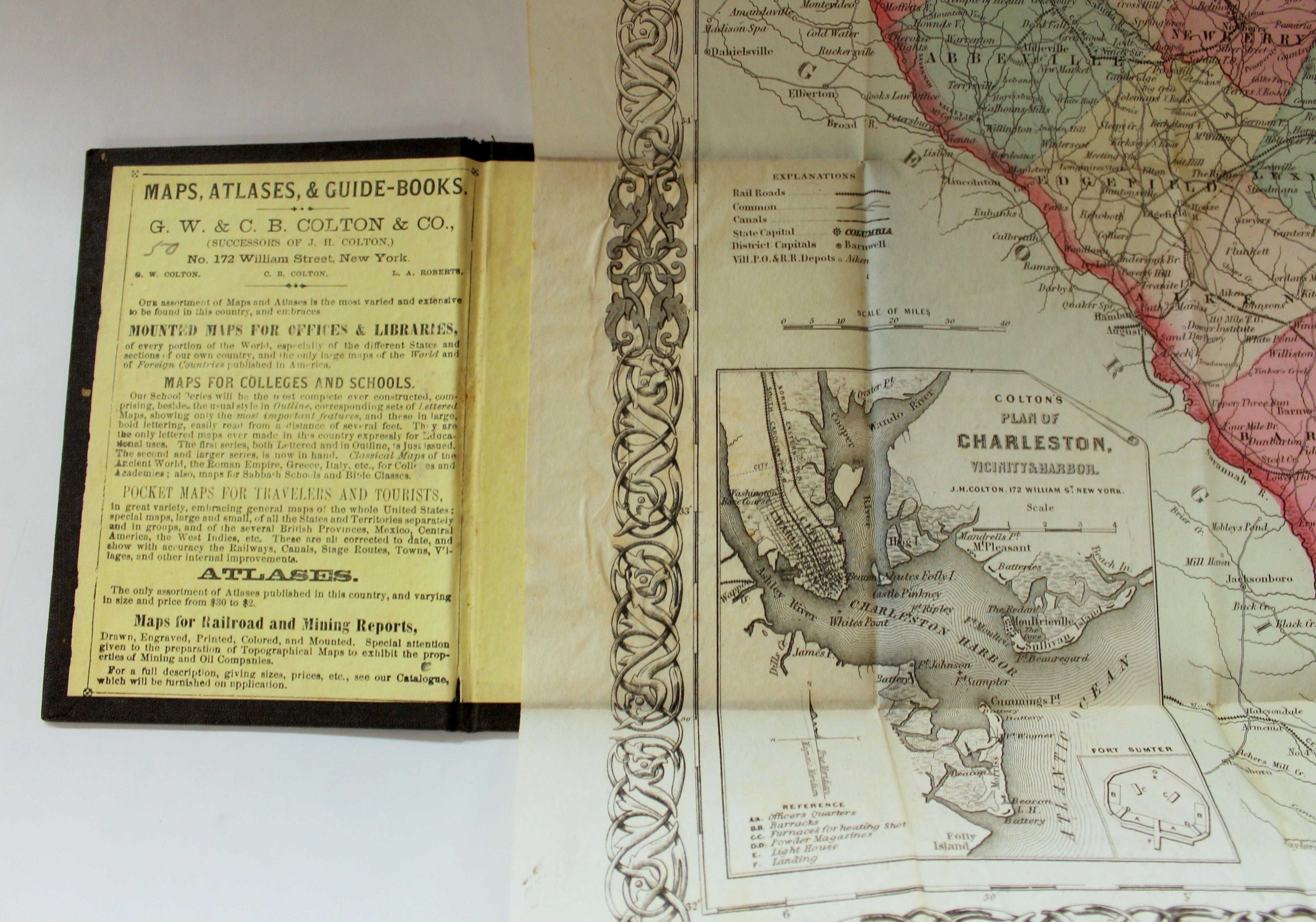 Paper Antique Engraved Hand Colored Colton & Co. Pocket Book Map of South Carolina For Sale