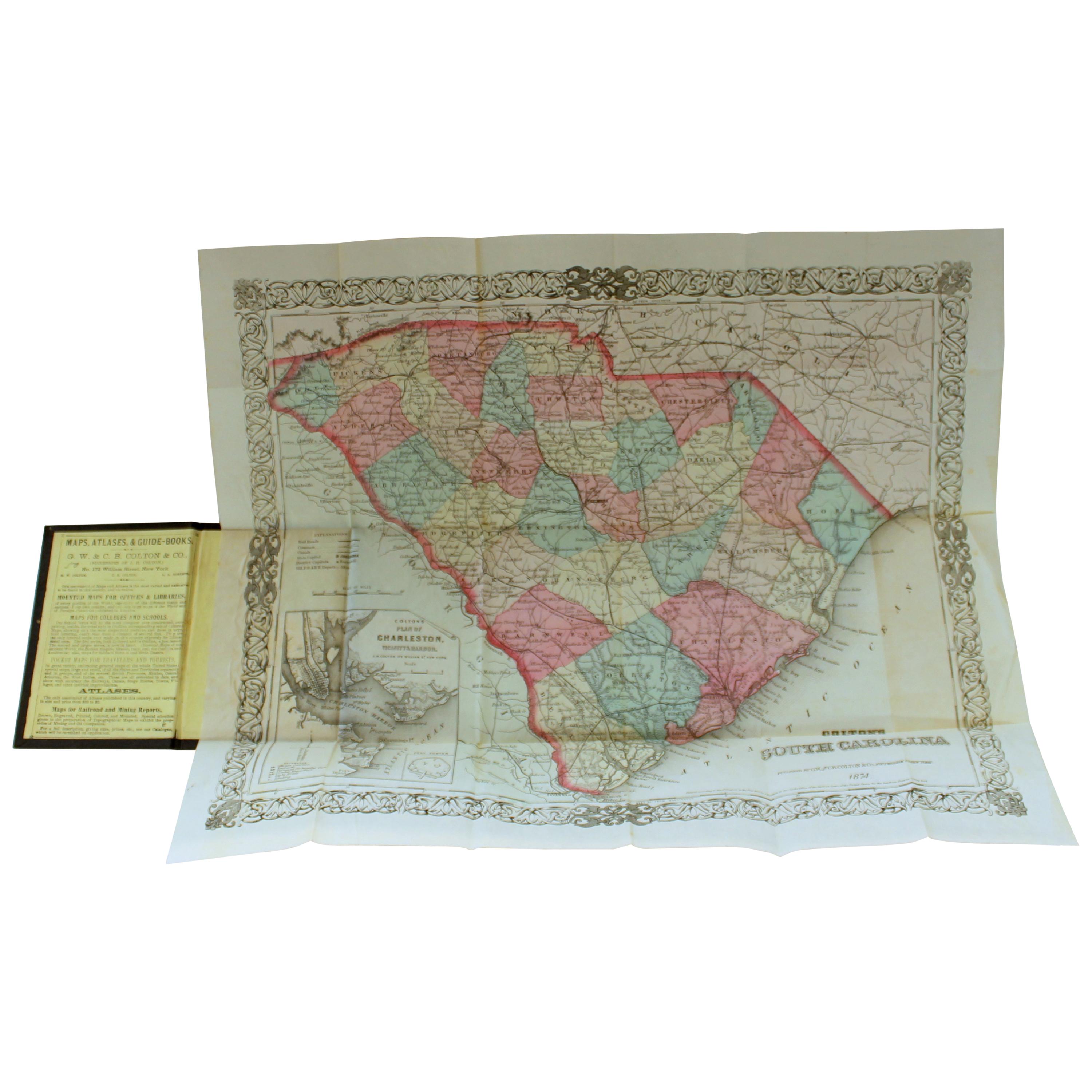Antique Engraved Hand Colored Colton & Co. Pocket Book Map of South Carolina For Sale