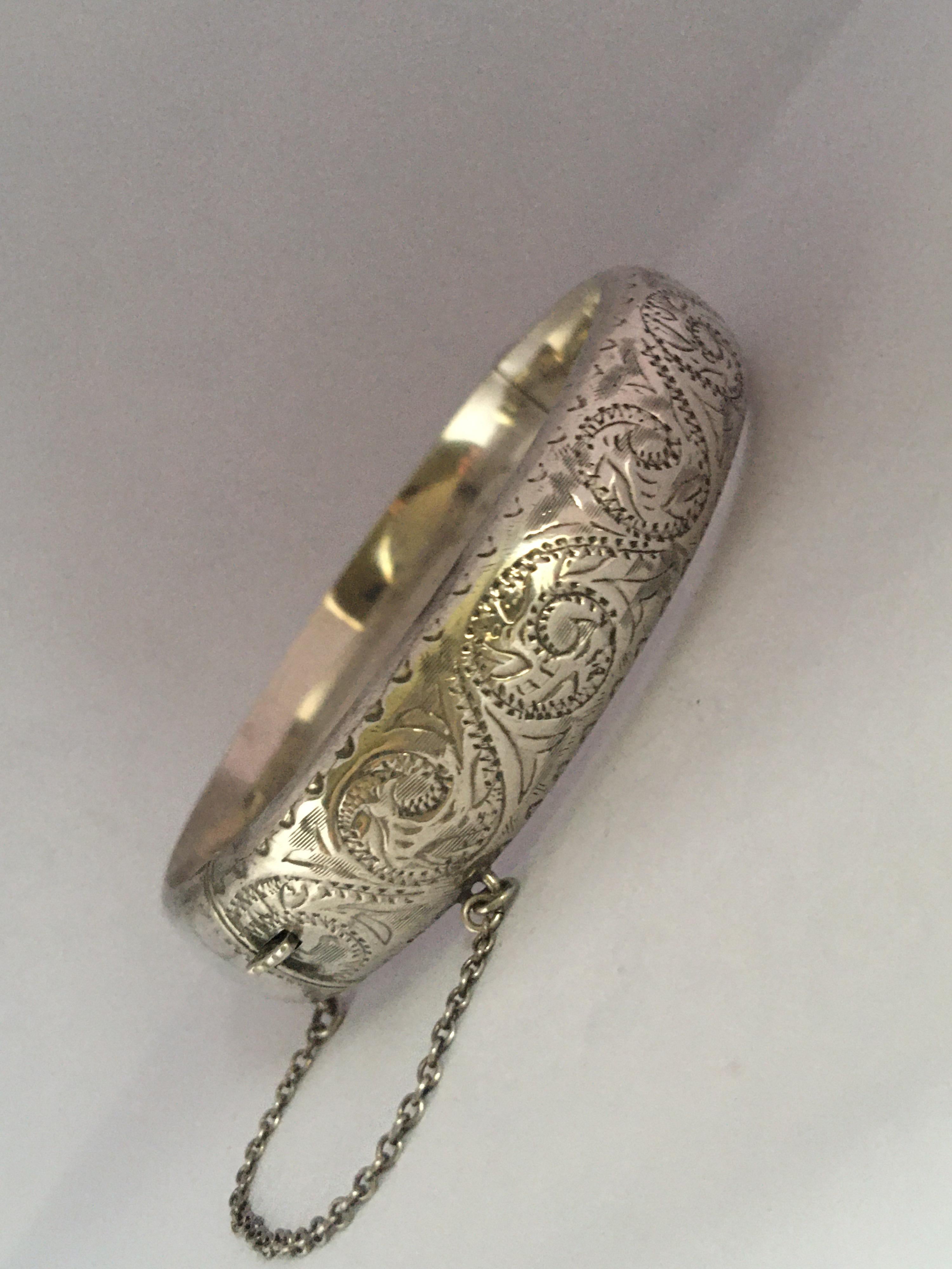 Antique Engraved Hollow Silver Bangle For Sale 3