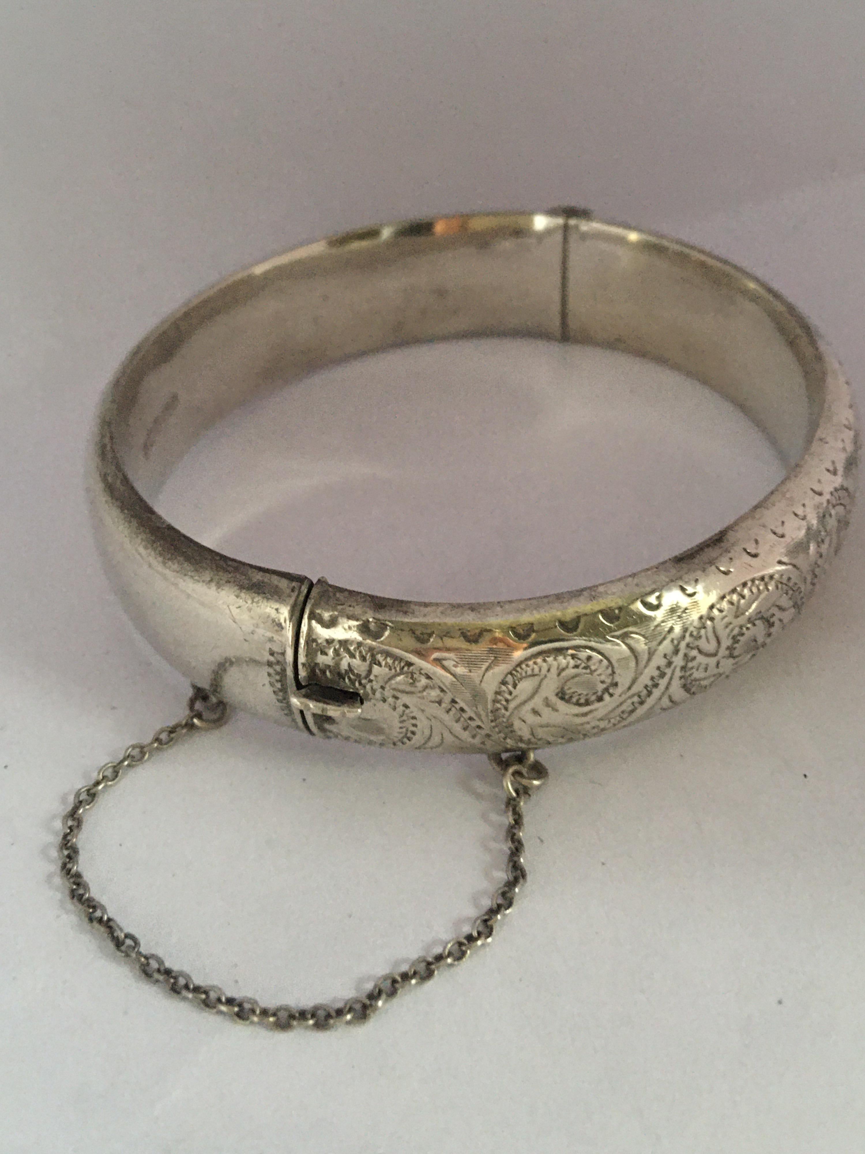 Antique Engraved Hollow Silver Bangle For Sale 4