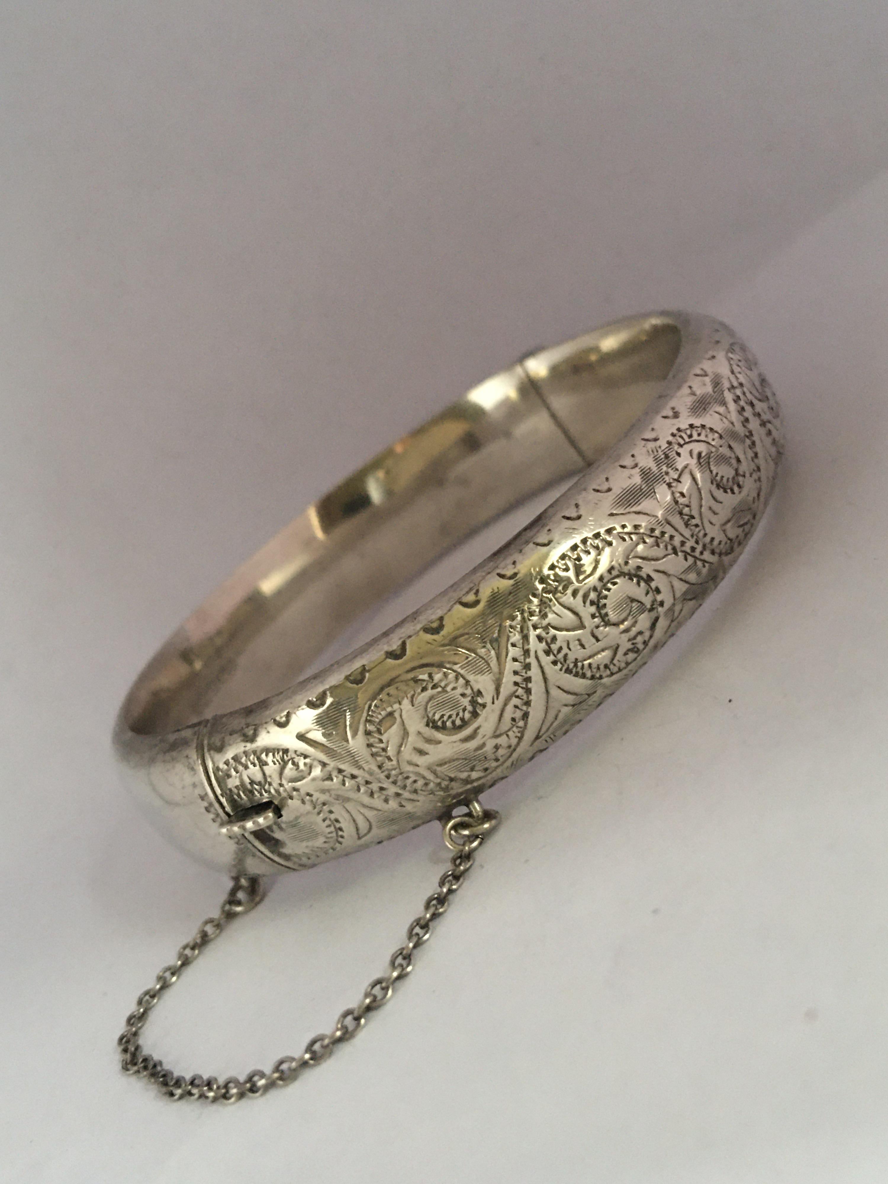 Antique Engraved Hollow Silver Bangle For Sale 5