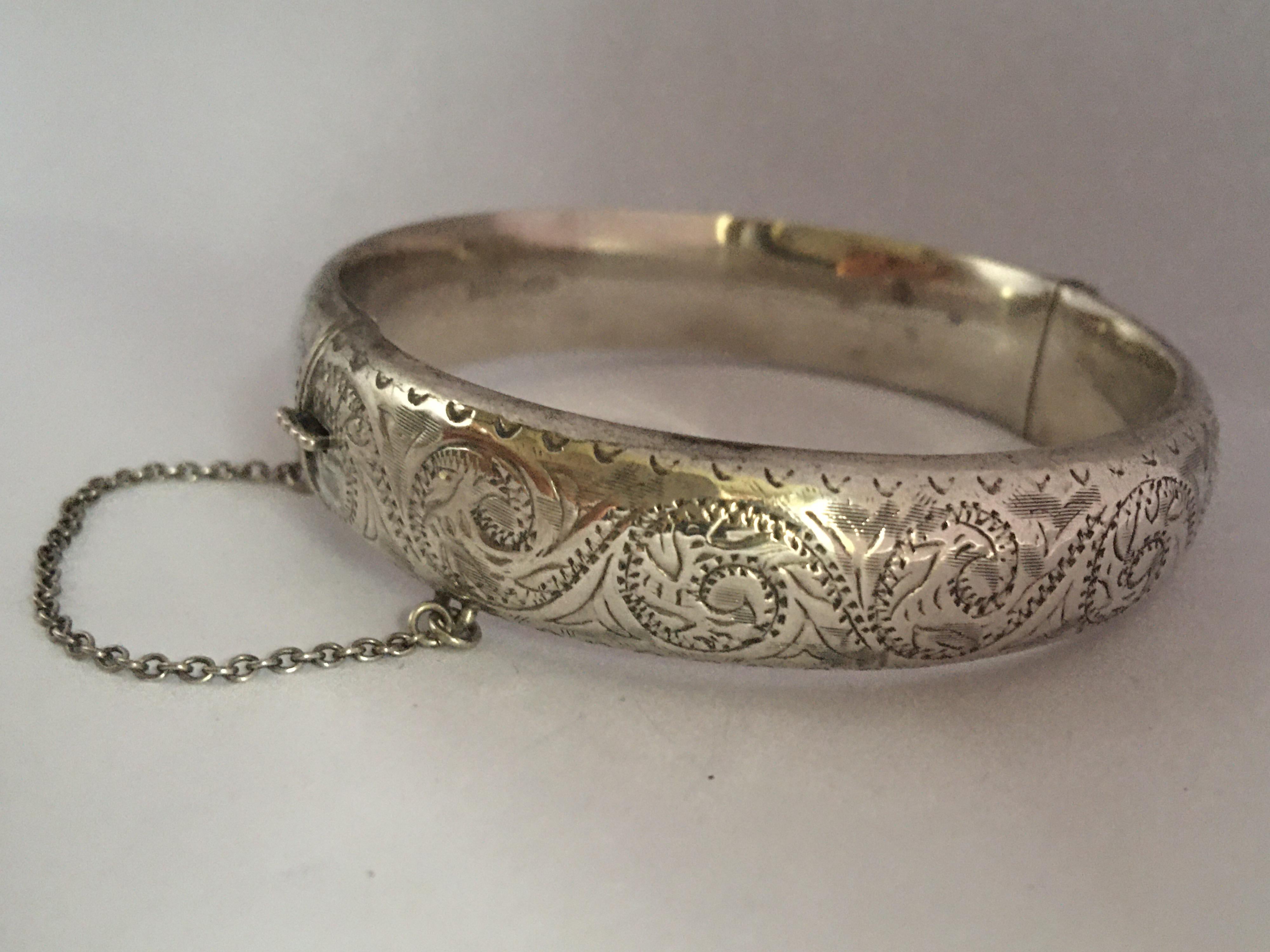 Antique Engraved Hollow Silver Bangle For Sale 6