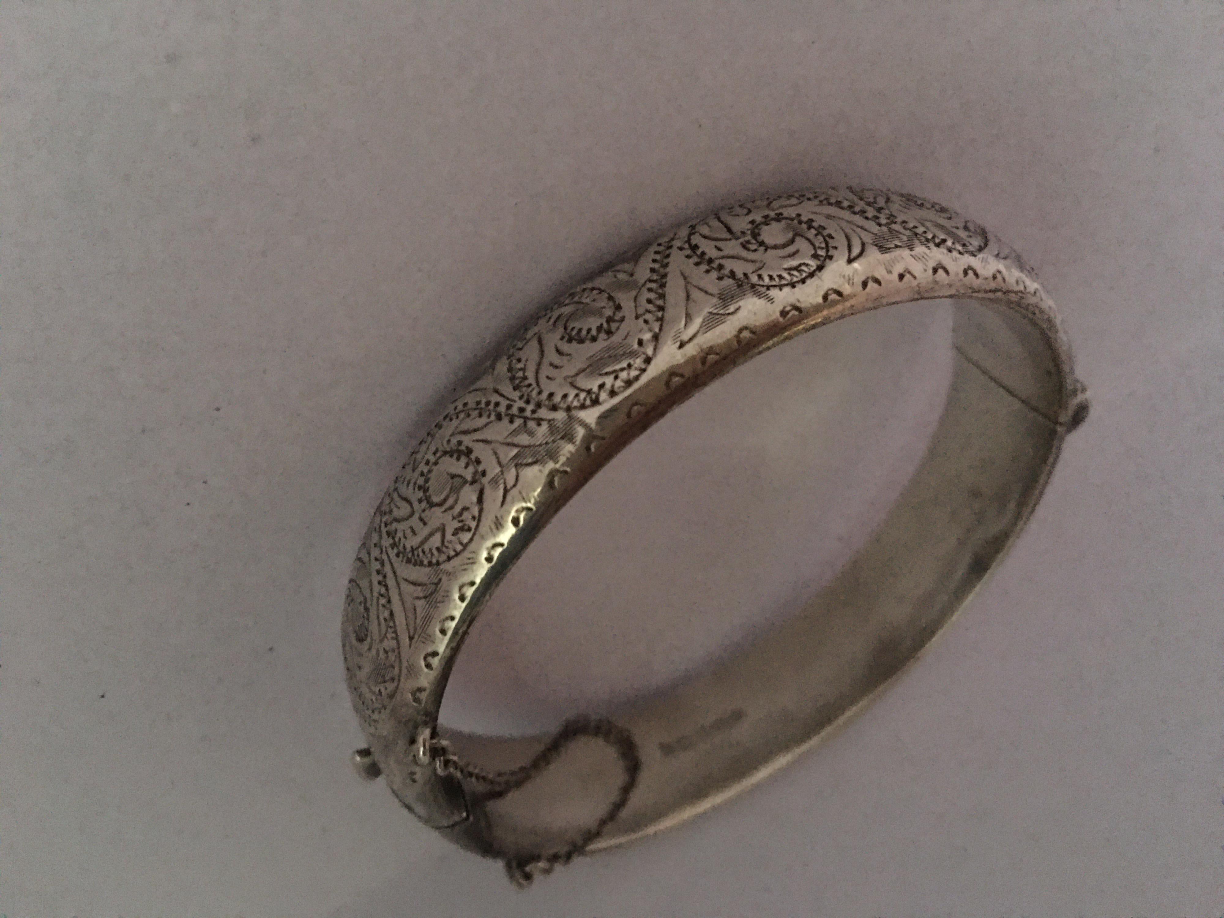 Antique Engraved Hollow Silver Bangle For Sale 11