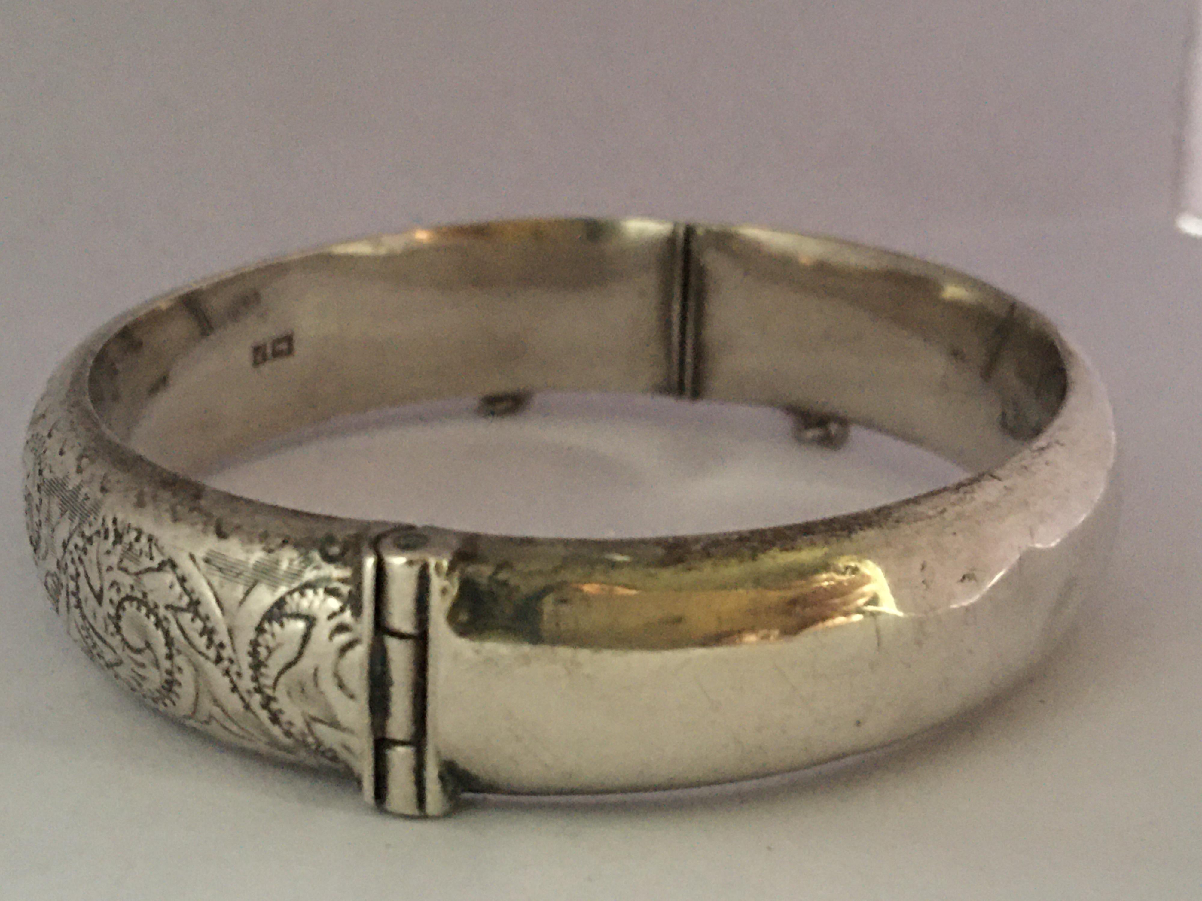 Antique Engraved Hollow Silver Bangle For Sale 1