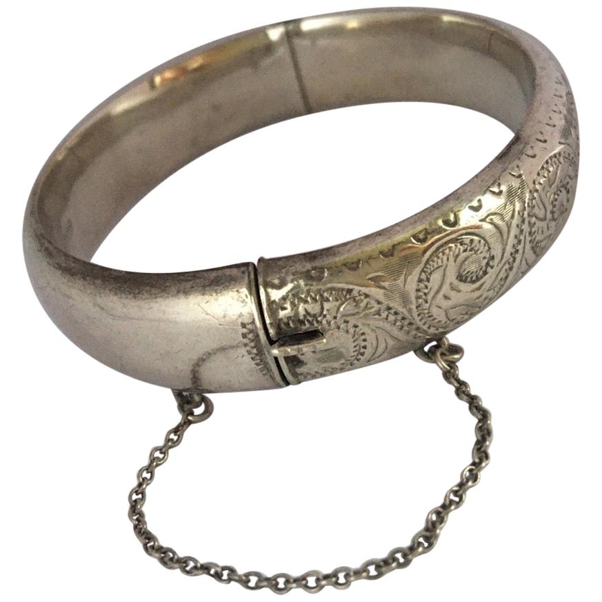 Antique Engraved Hollow Silver Bangle For Sale