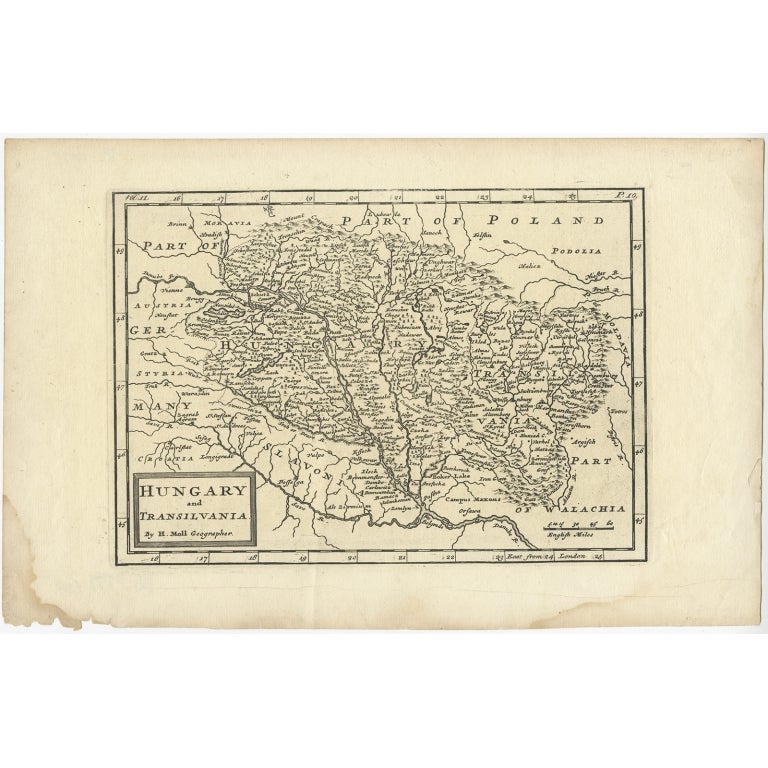 Antique map titled 'Hungary and Transilvania'. Original antique map of Hungary and Transylvania (modern day Romania), centered on Budapest. Artists and Engravers: Herman Moll (1654 - 1732), was a London cartographer, engraver and publisher.
Artist: