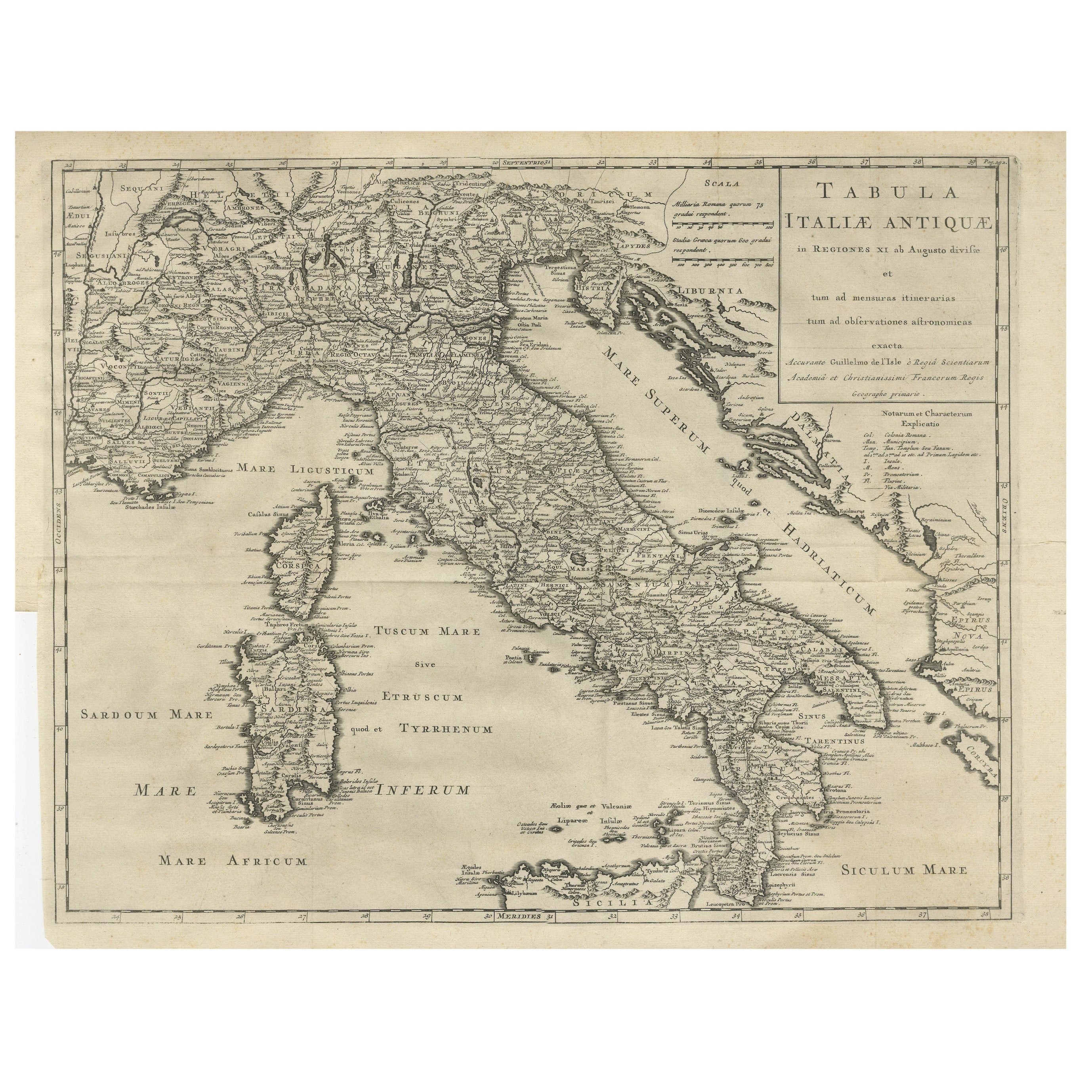 Carte ancienne gravée d'Italie dans le Roman Times, vers 1730
