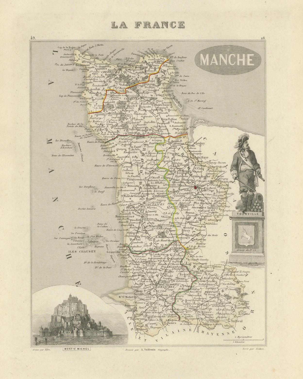 Carte ancienne de la Manche, France - Région du Mont-St-Michel et de Cherbourg - c.1850

Cette carte très décorative de la Manche, gravée par A. Vuillemin et publiée par Levasseur à Paris au milieu du XIXe siècle, est une représentation