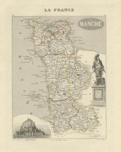 Antique Engraved Map of Manche with Mont Saint-Michel, France, circa 1850
