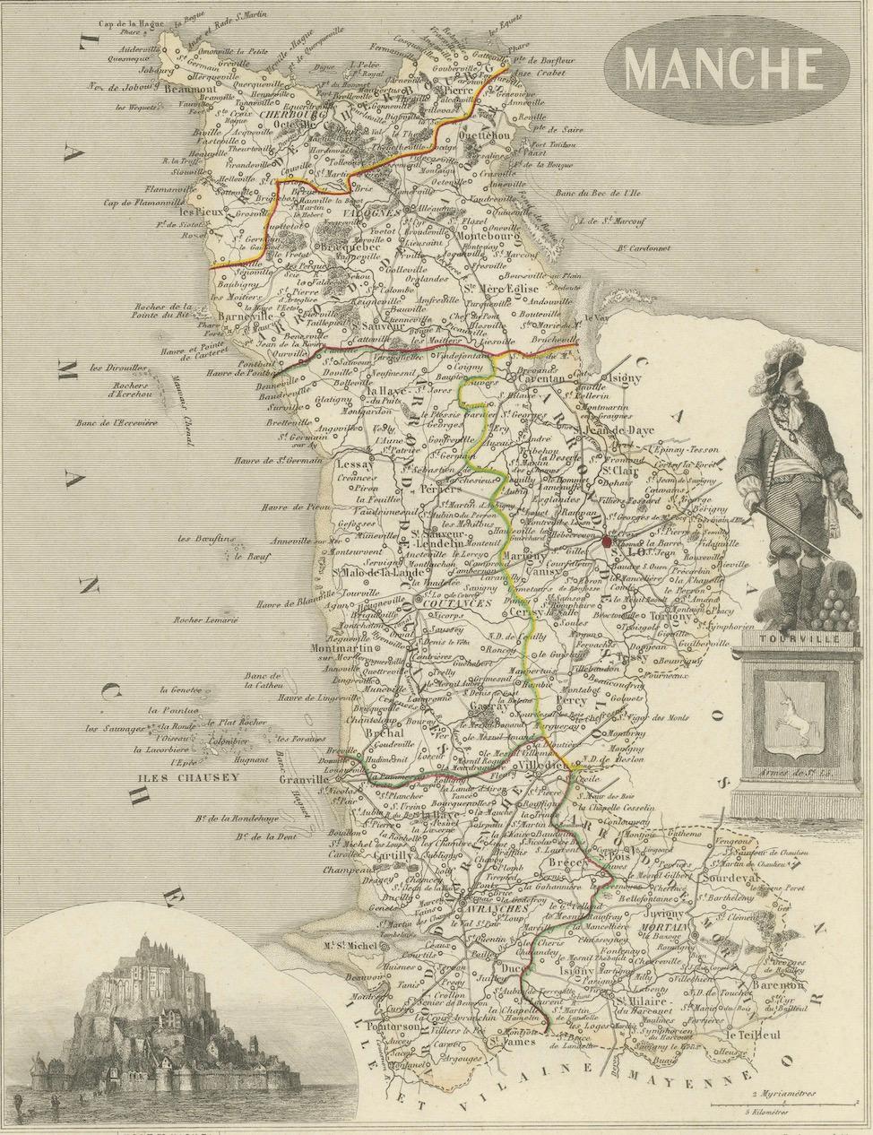Français Ancienne carte gravée de la Manche avec le Mont Saint-Michel, France, circa 1850 en vente