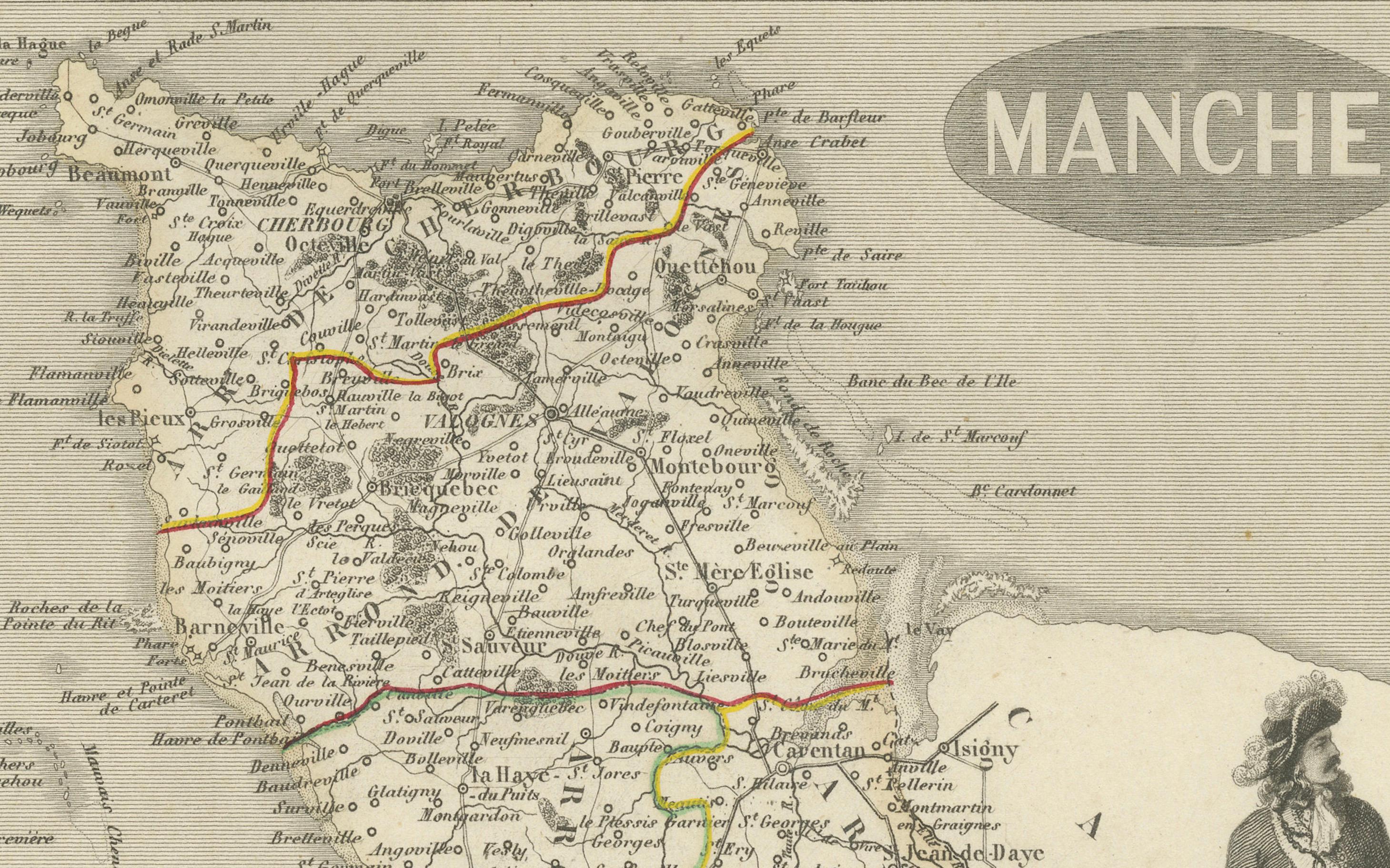 Gravé Ancienne carte gravée de la Manche avec le Mont Saint-Michel, France, circa 1850 en vente
