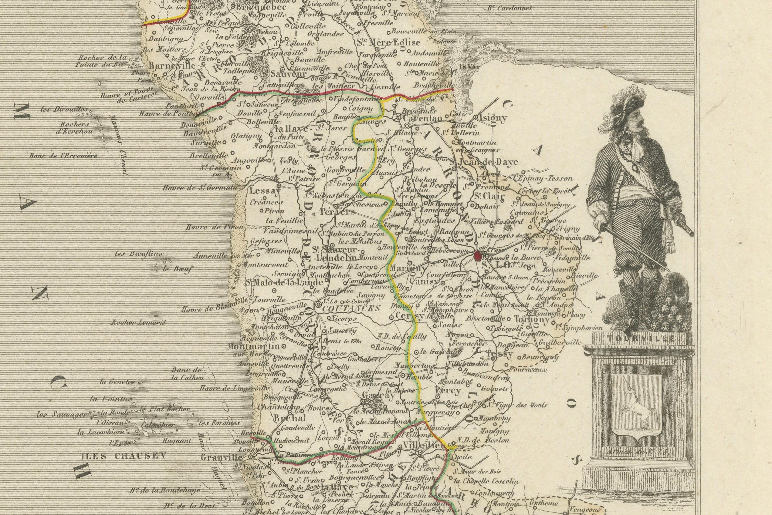 Ancienne carte gravée de la Manche avec le Mont Saint-Michel, France, circa 1850 Bon état - En vente à Langweer, NL