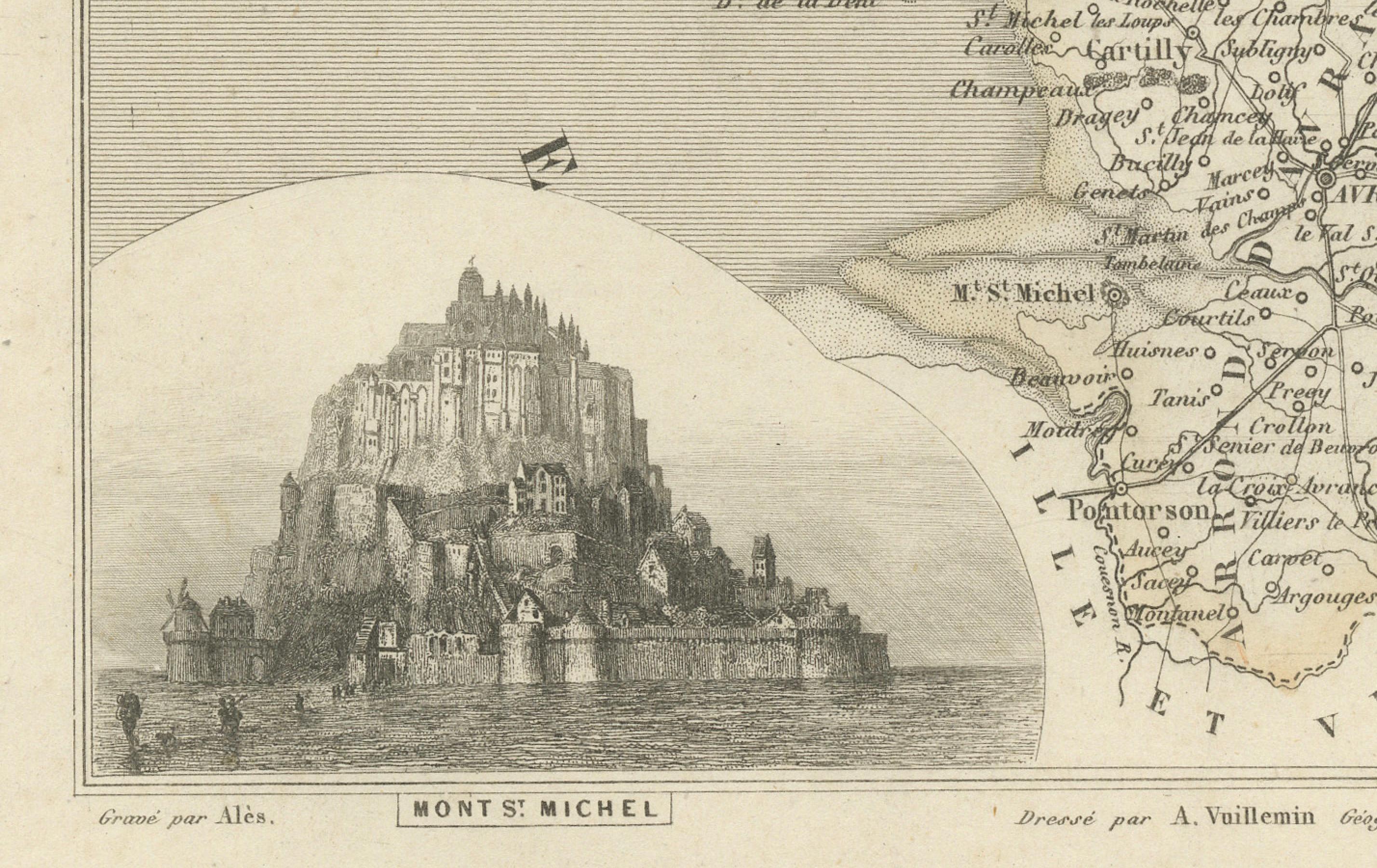 XIXe siècle Ancienne carte gravée de la Manche avec le Mont Saint-Michel, France, circa 1850 en vente