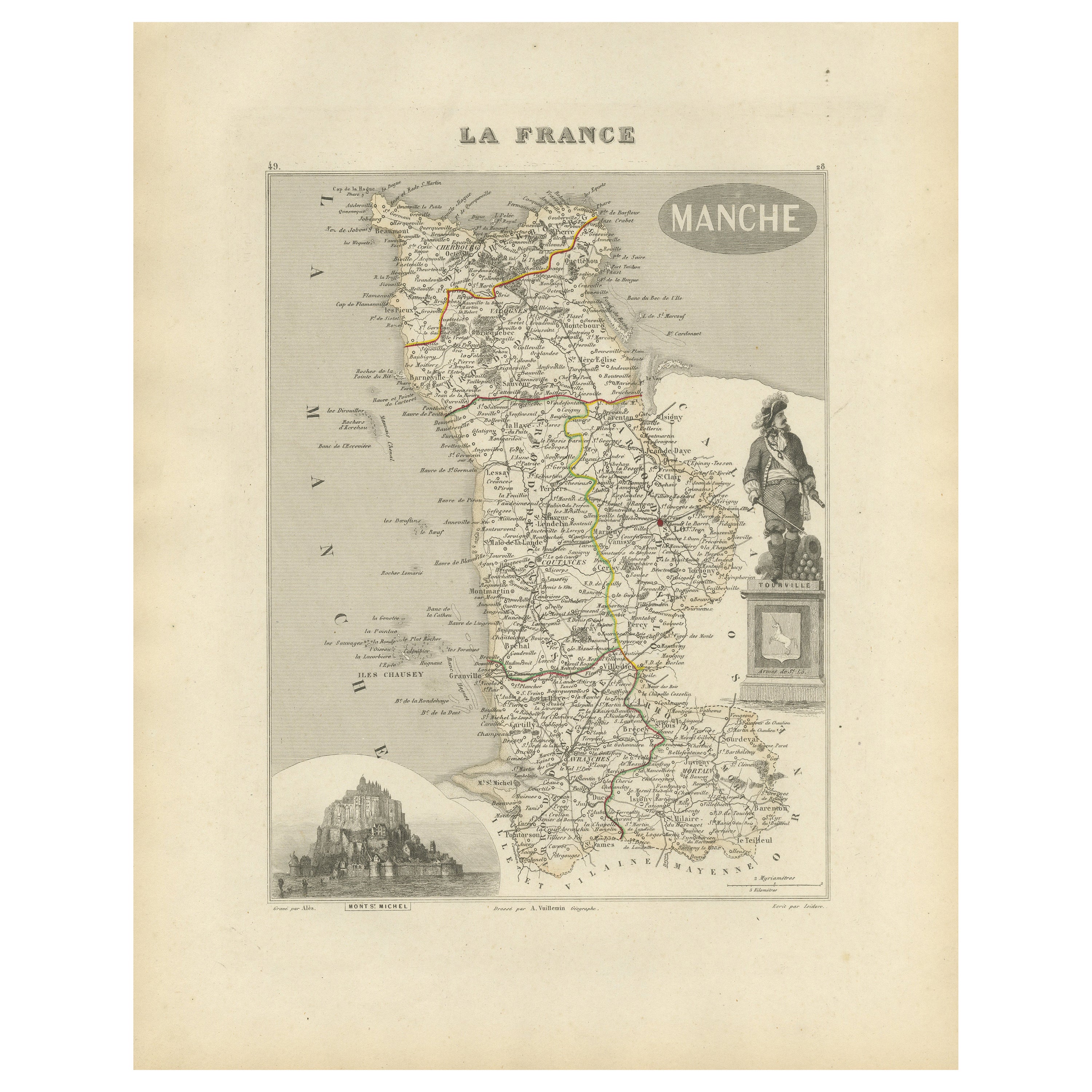 Antique Engraved Map of Manche with Mont Saint-Michel, France, circa 1850