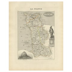 Antique Engraved Map of Manche with Mont Saint-Michel, France, circa 1850