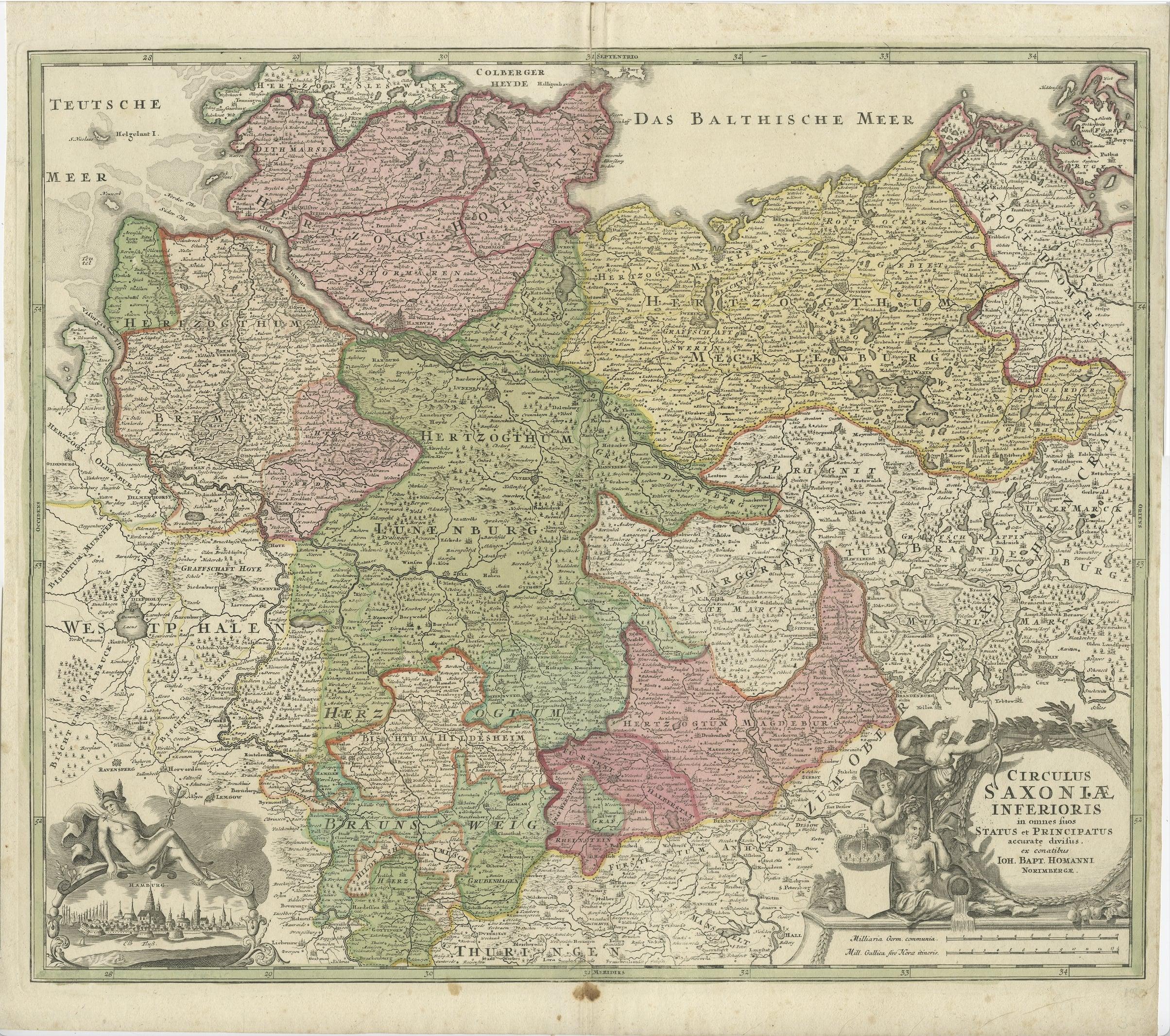 Duitsland, Sassonia; Johannes Baptist Homann - Circulus Saxoniae Inferioris in omnes suos Status et Principatus accurate divisus ex conatibus - 

A large map of Lower Saxony, extending from Hamburg with the Elbe River to the Baltic Sea with the