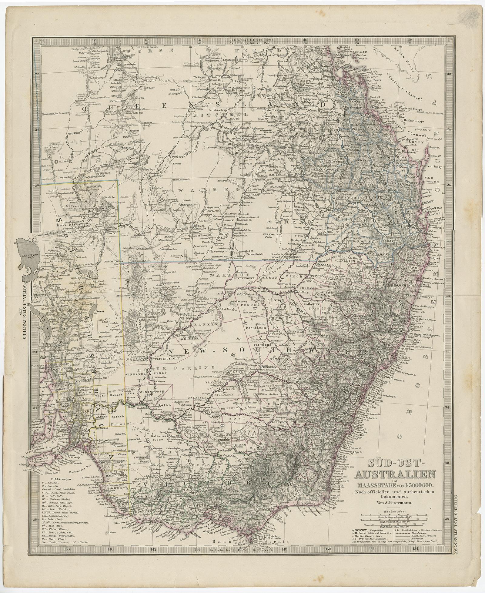 Antique map Australia titled 'Süd-Ost Australien'. 

Detailed map of South East Australia. Orginates from 'Stieler's Hand Atlas', published in Germany ca. 1848.

Artists and Engravers: A. Petermann, cartographer.

We sell original antique maps to