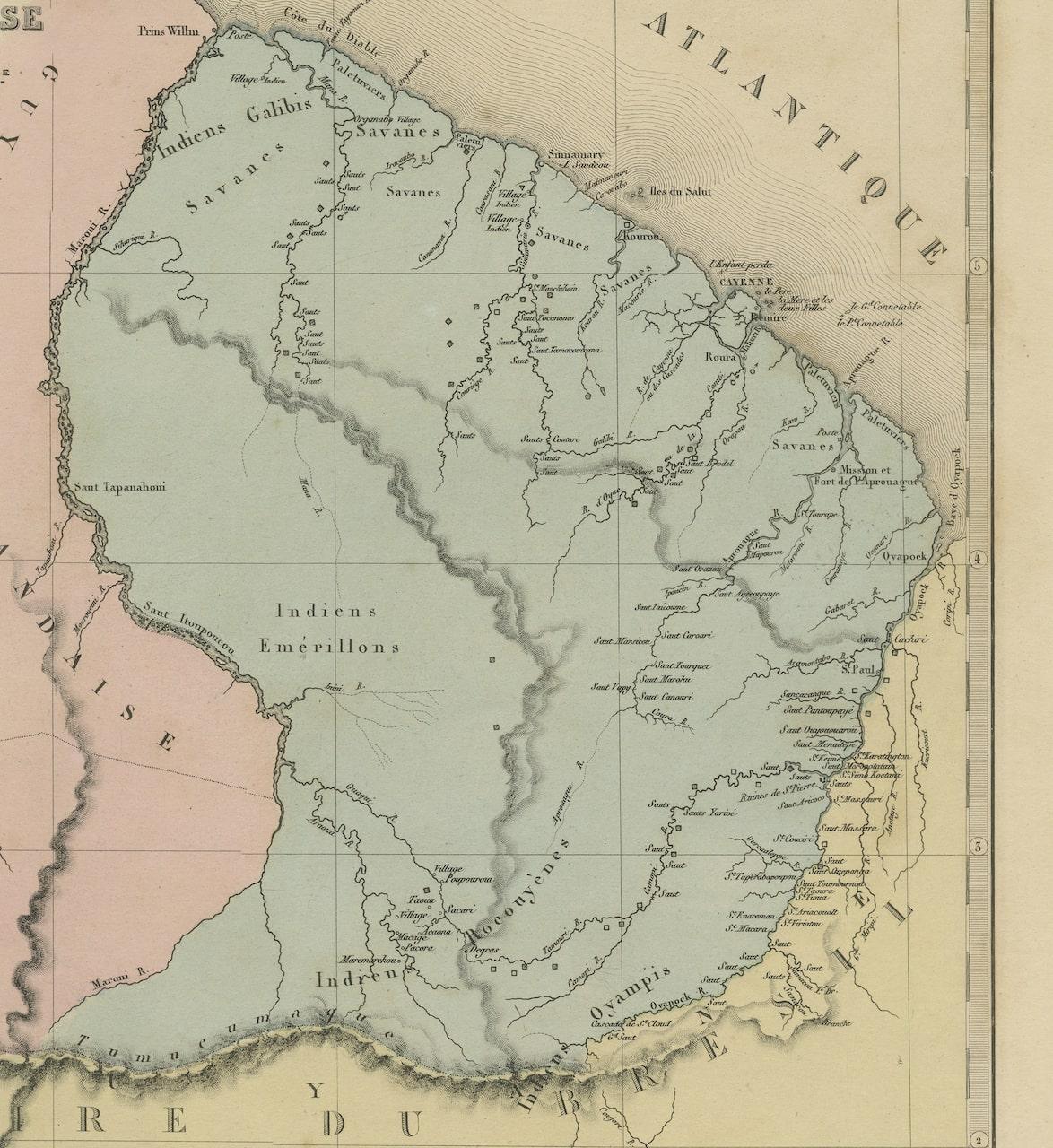 Carte ancienne gravée à la main de Guiana française, 1876 Bon état - En vente à Langweer, NL