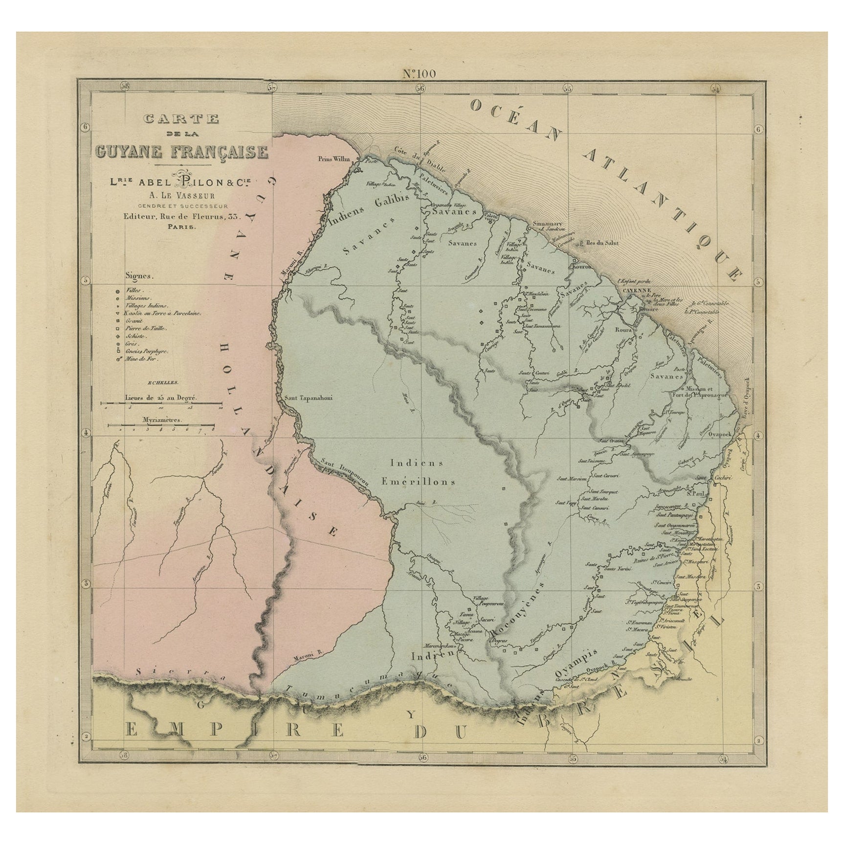 Mappa incisa con colori originali a mano della Guyana francese, 1876
