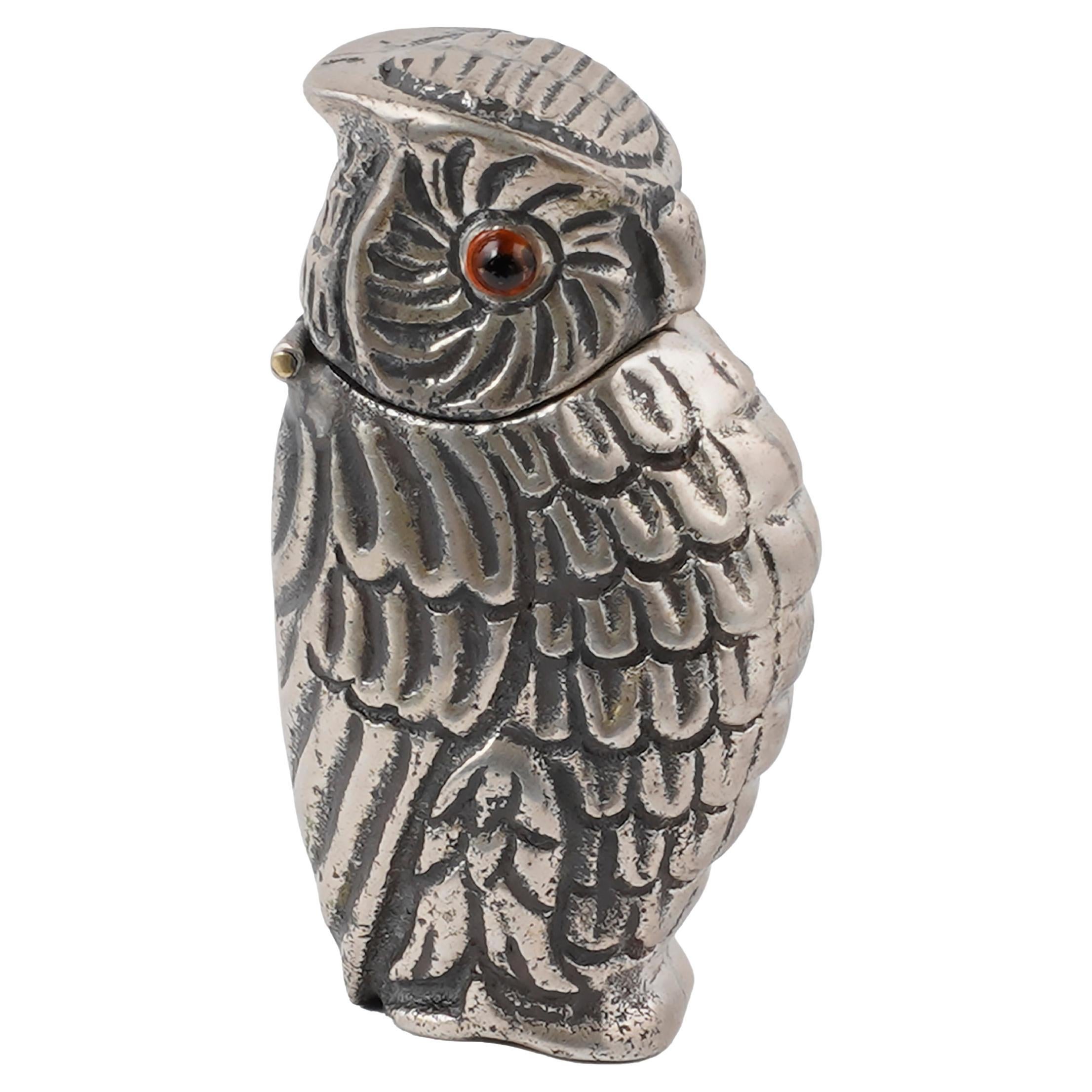 Antique, Engraved Owl Match Safe with Glass Eyes, Sterling Silver, Box