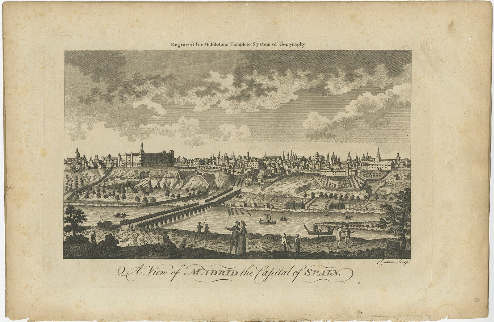 Antique print titled 'A View of Madrid the Capital of Spain'. View of the city of Madrid, Spain. Shows figures in the foreground, pleasure boats, a bridge, the Royal Palace, parkland, vegetable plots, assorted buildings and churches. Engraved for