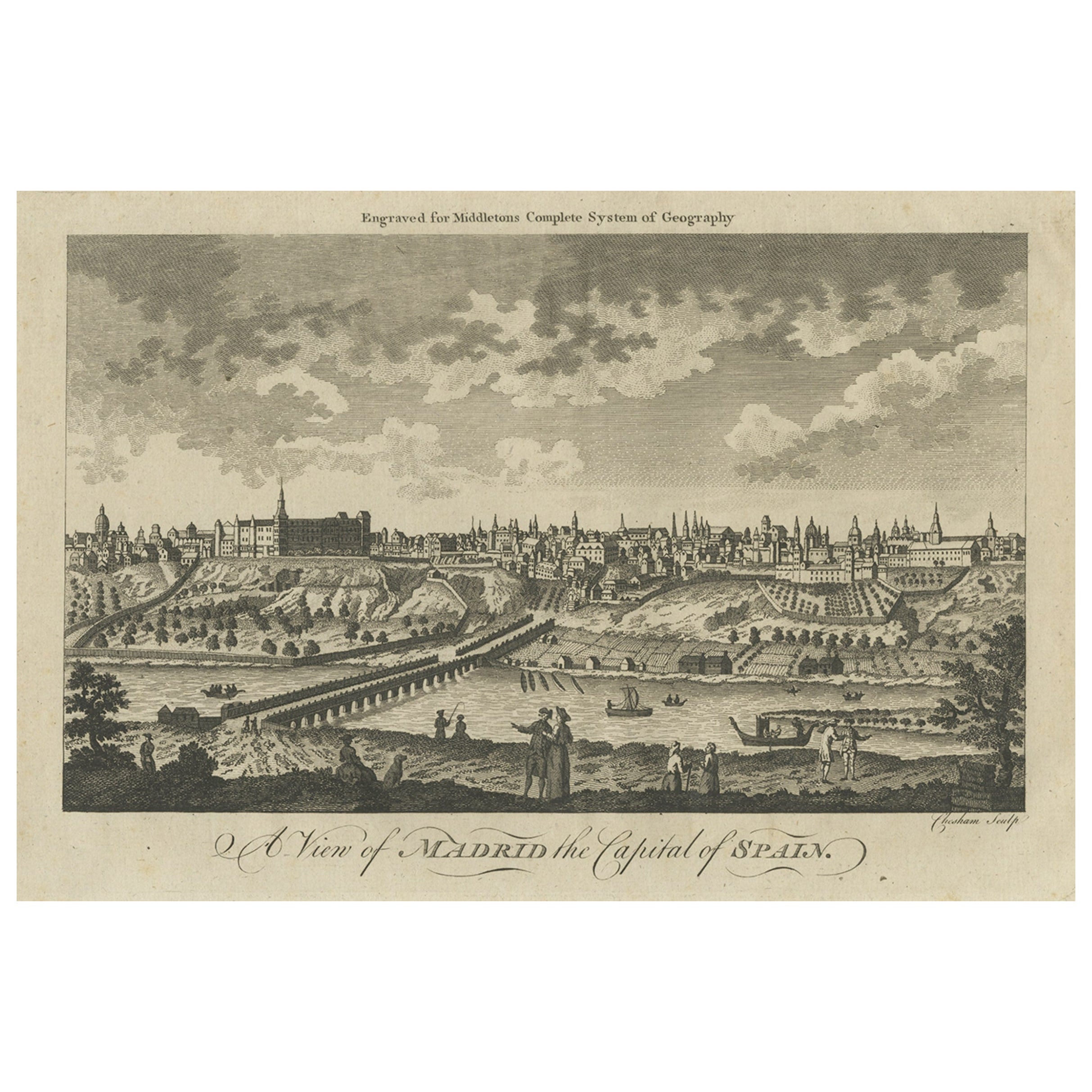 Impression ancienne gravée de la ville de Madrid, capitale d'Espagne, vers 1780