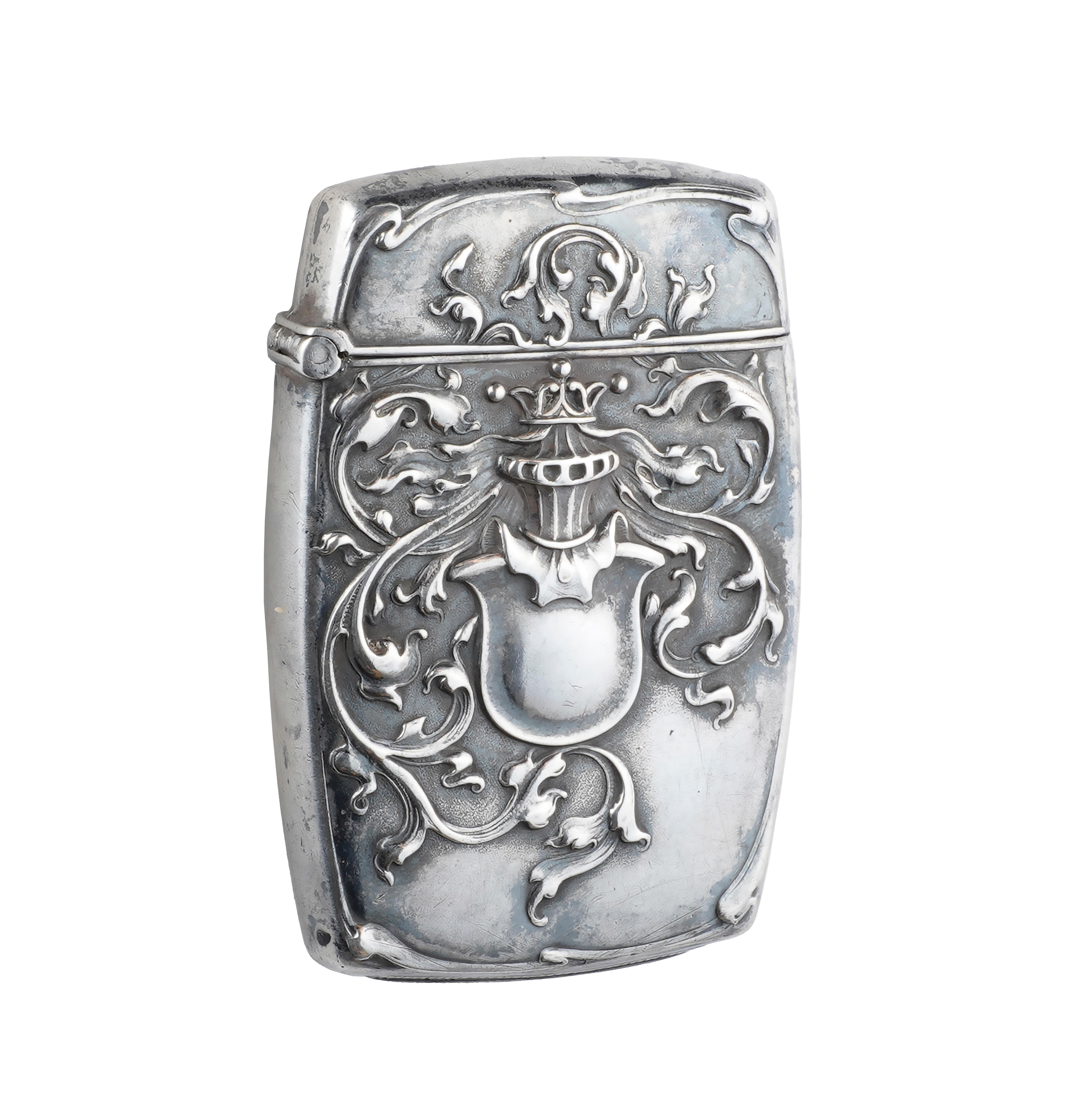 Antique, Engraved Relief Match Safe with Crown Embellishment Sterling