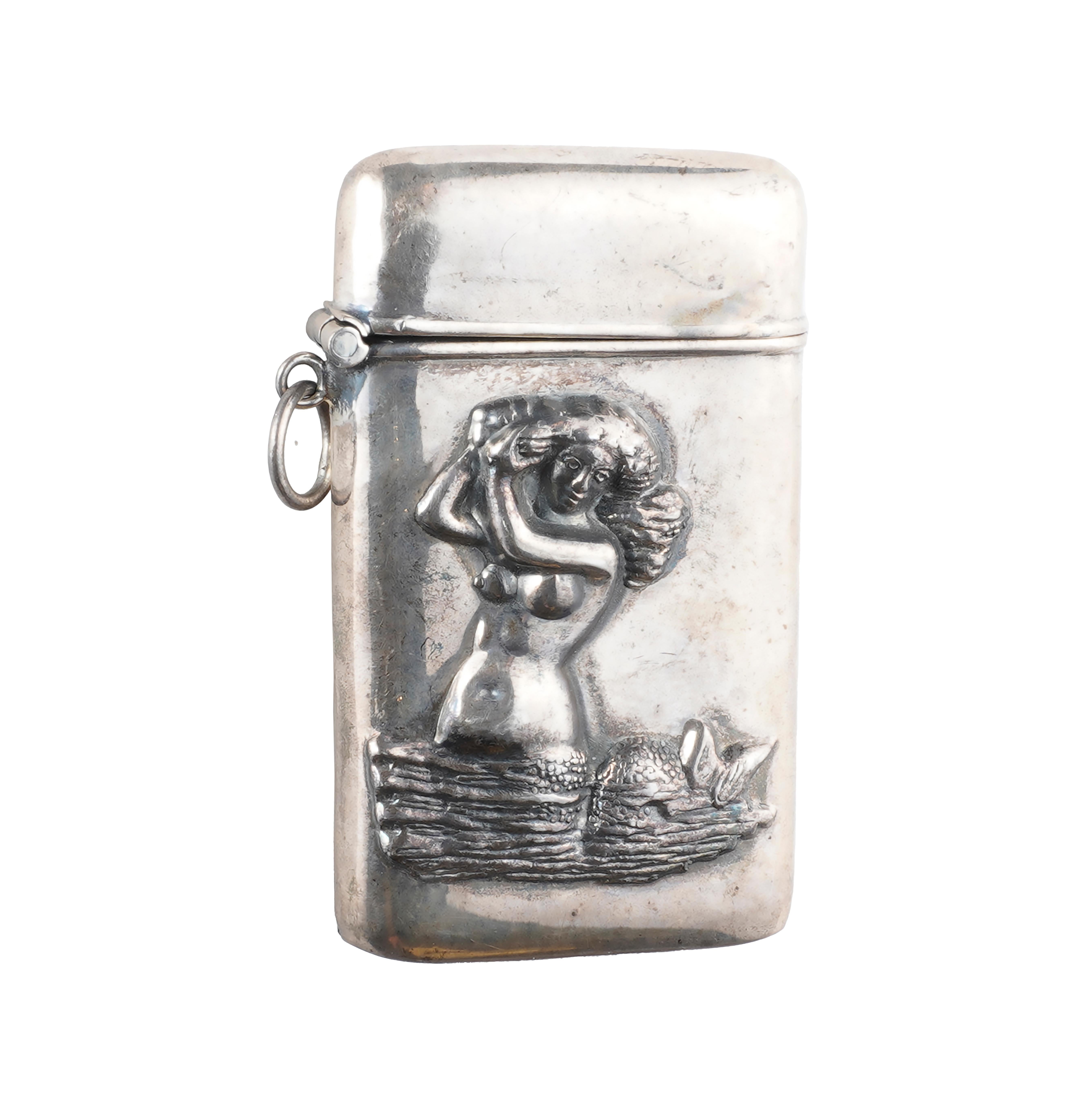 Antique, Engraved Relief Match Safe with Mermaid Sterling Silver Lid ...