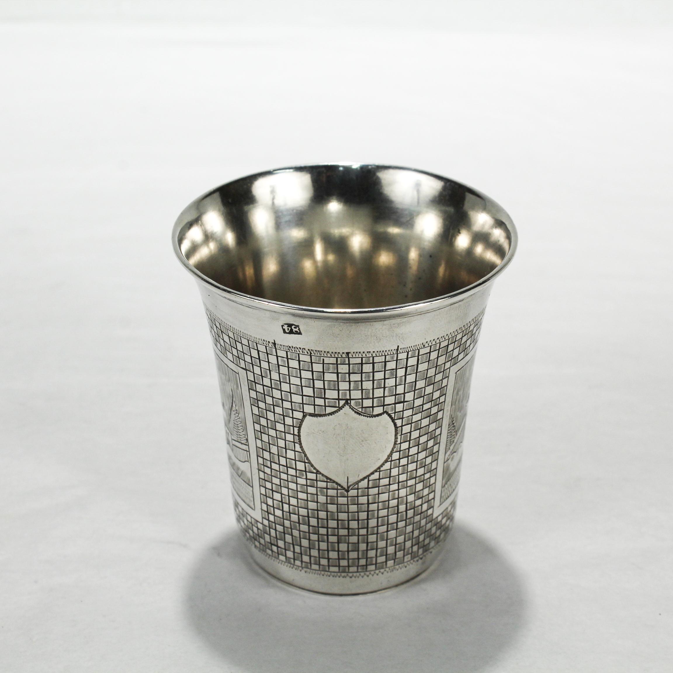 Russian Empire Antique Engraved Russian 84 Silver Vodka or Kiddush Cup by Mikhail Dimitriyev For Sale