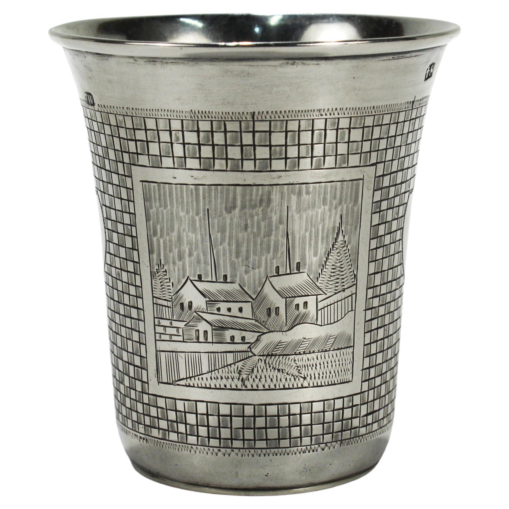 Antique Engraved Russian 84 Silver Vodka or Kiddush Cup by Mikhail Dimitriyev For Sale