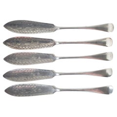 Antike gravierte Fischmesser aus Silberblech – 5er-Set