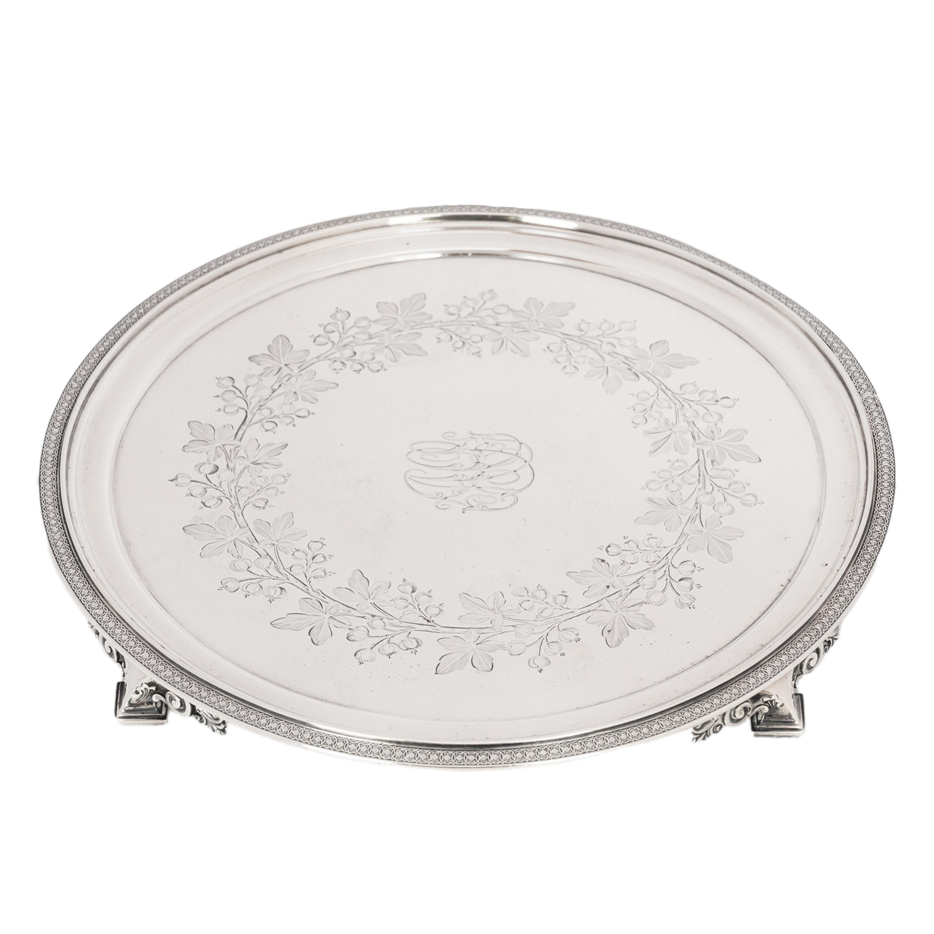 Antique Engraved Sterling Silver Tiffany & Co Footed Salver Tray New York 1870 For Sale 6