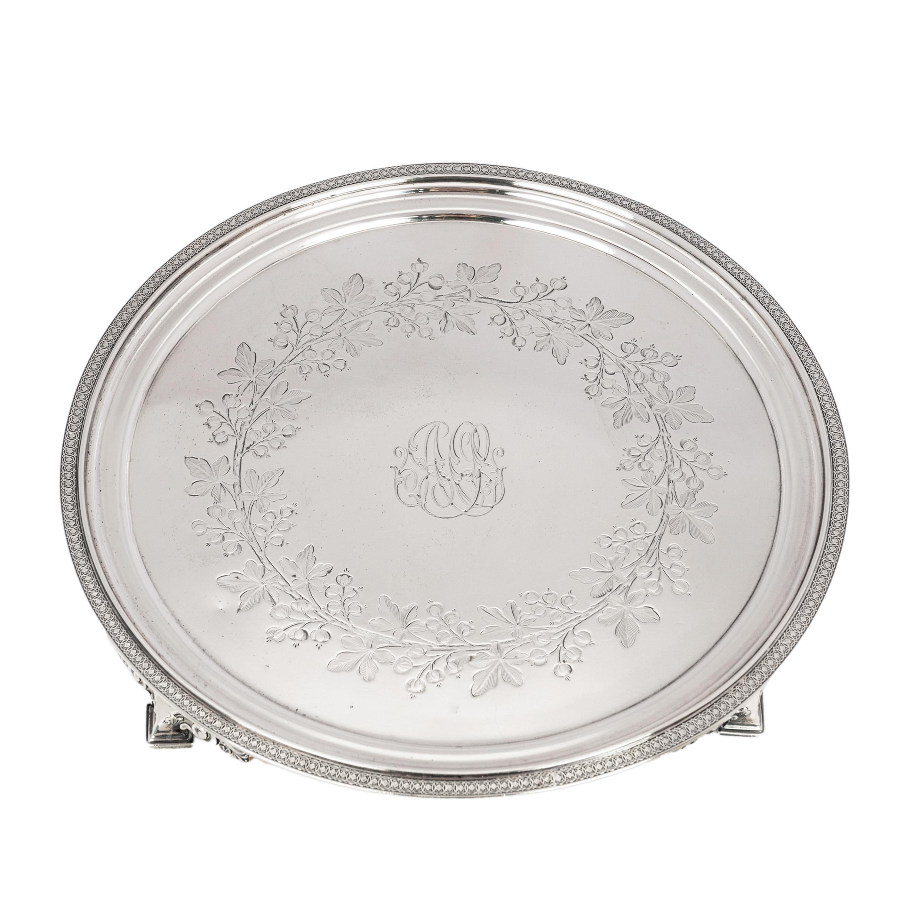 Antique Engraved Sterling Silver Tiffany & Co Footed Salver Tray New York 1870 For Sale 7