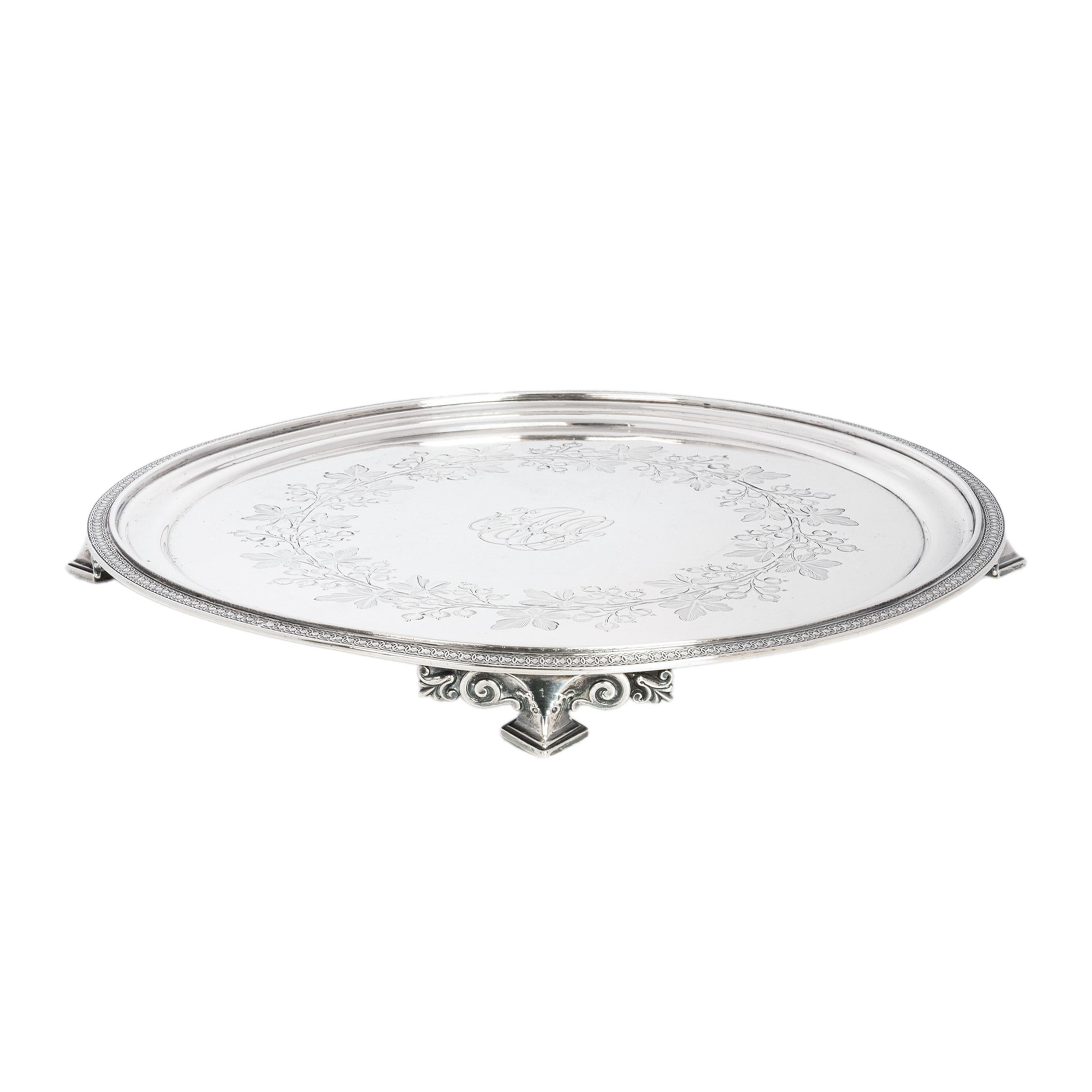 Aesthetic Movement Antique Engraved Sterling Silver Tiffany & Co Footed Salver Tray New York 1870 For Sale
