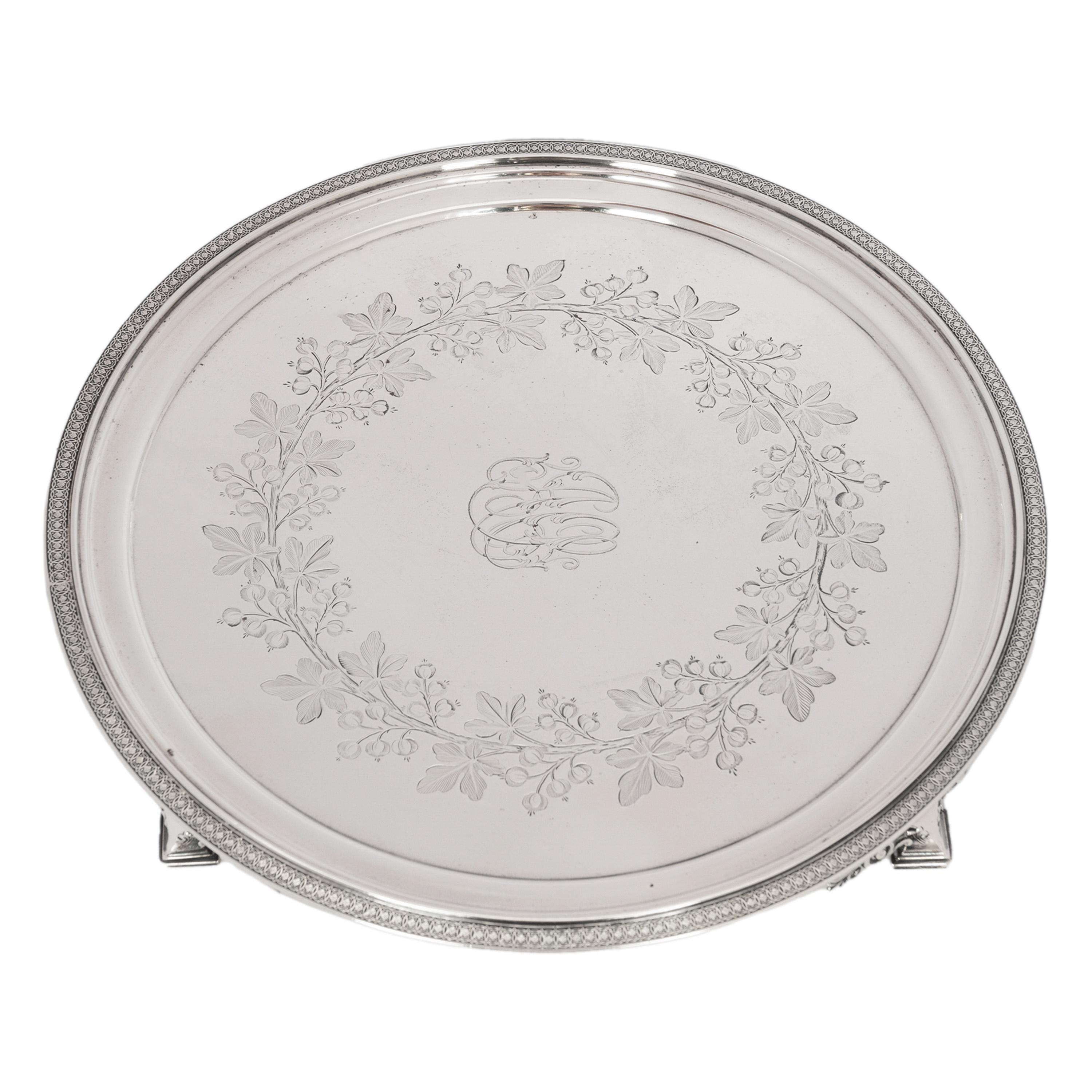 Late 19th Century Antique Engraved Sterling Silver Tiffany & Co Footed Salver Tray New York 1870 For Sale