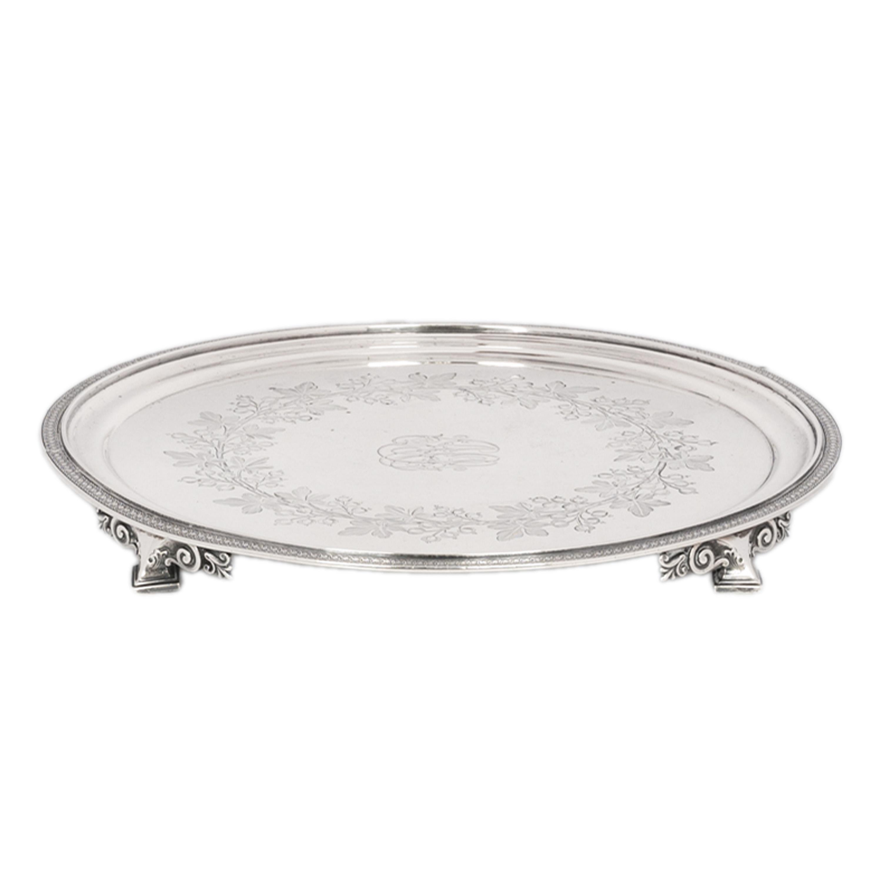 Antique Engraved Sterling Silver Tiffany & Co Footed Salver Tray New York 1870 For Sale 2
