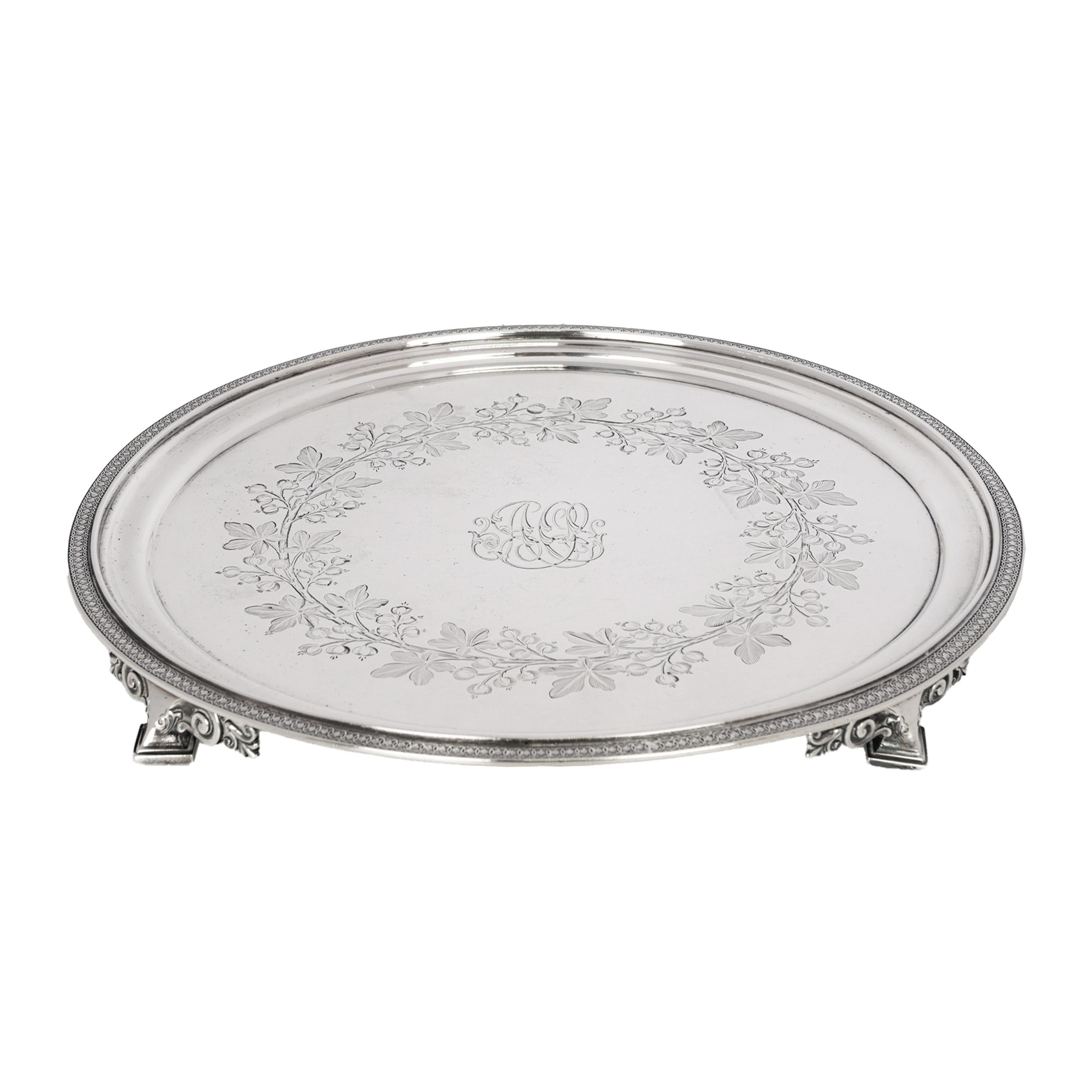 Antique Sterling Silver Graved Tiffany & Co Footed Salver Tray New York 1870 en vente