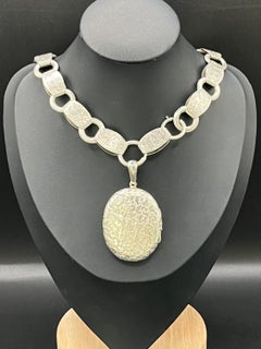 Antique Engraved Sterling Silver Victorian Locket and Book Chain Collar Necklace