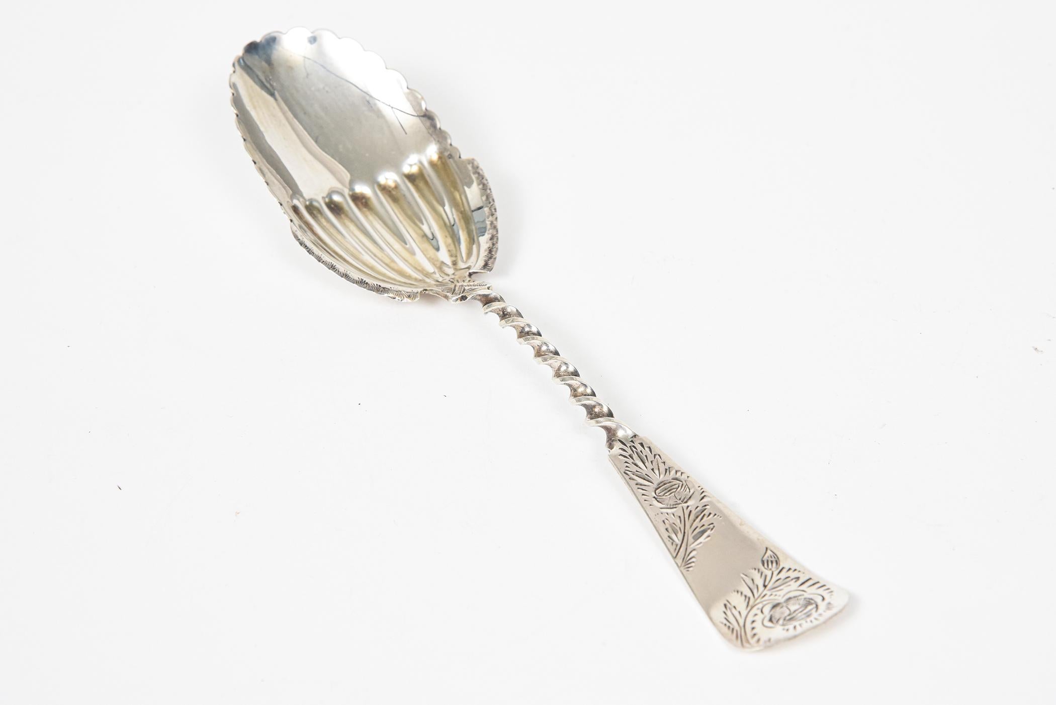 Victorian Antique Engraved Twisted Sterling Silver Serving Berry Spoon For Sale