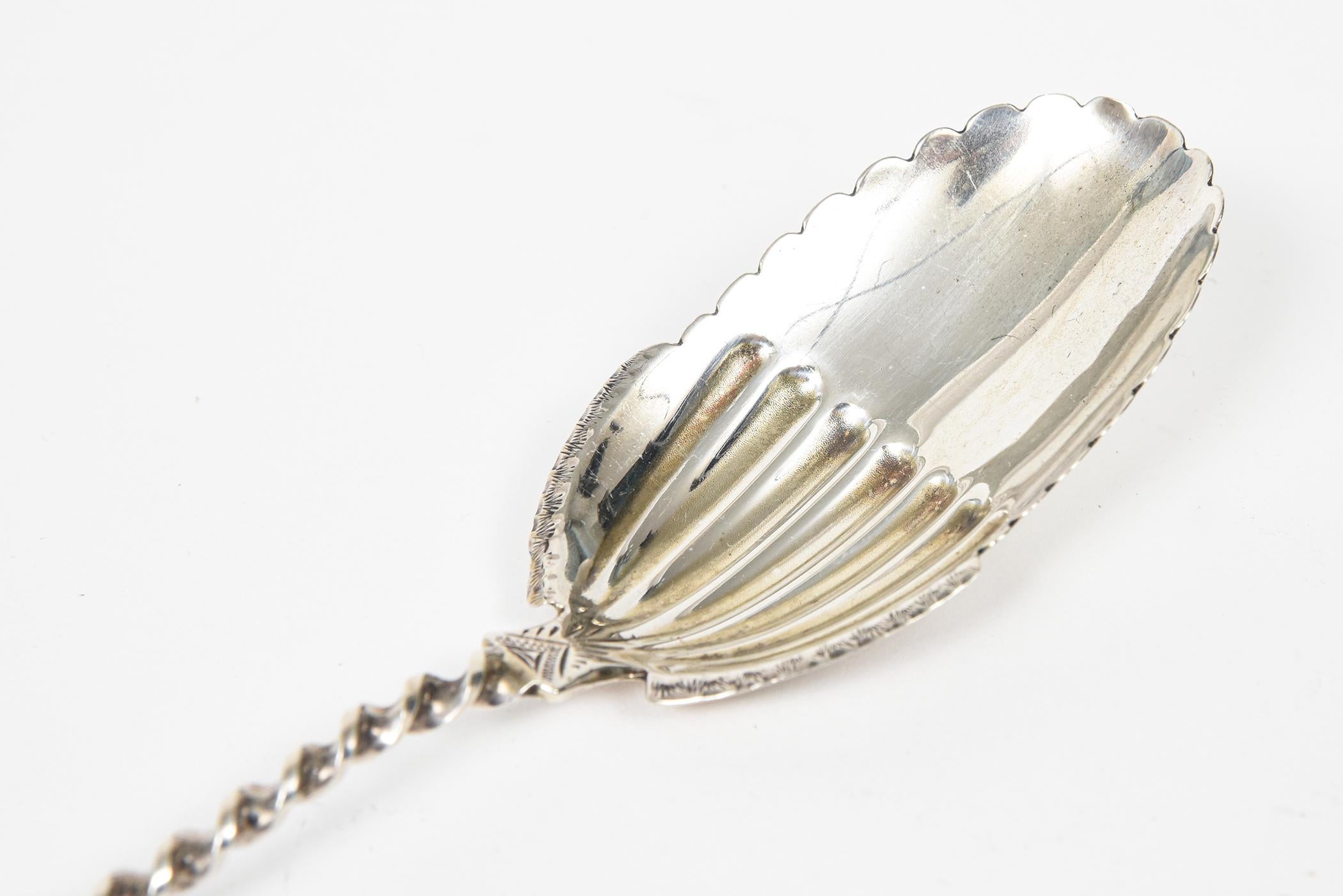 19th Century Antique Engraved Twisted Sterling Silver Serving Berry Spoon For Sale
