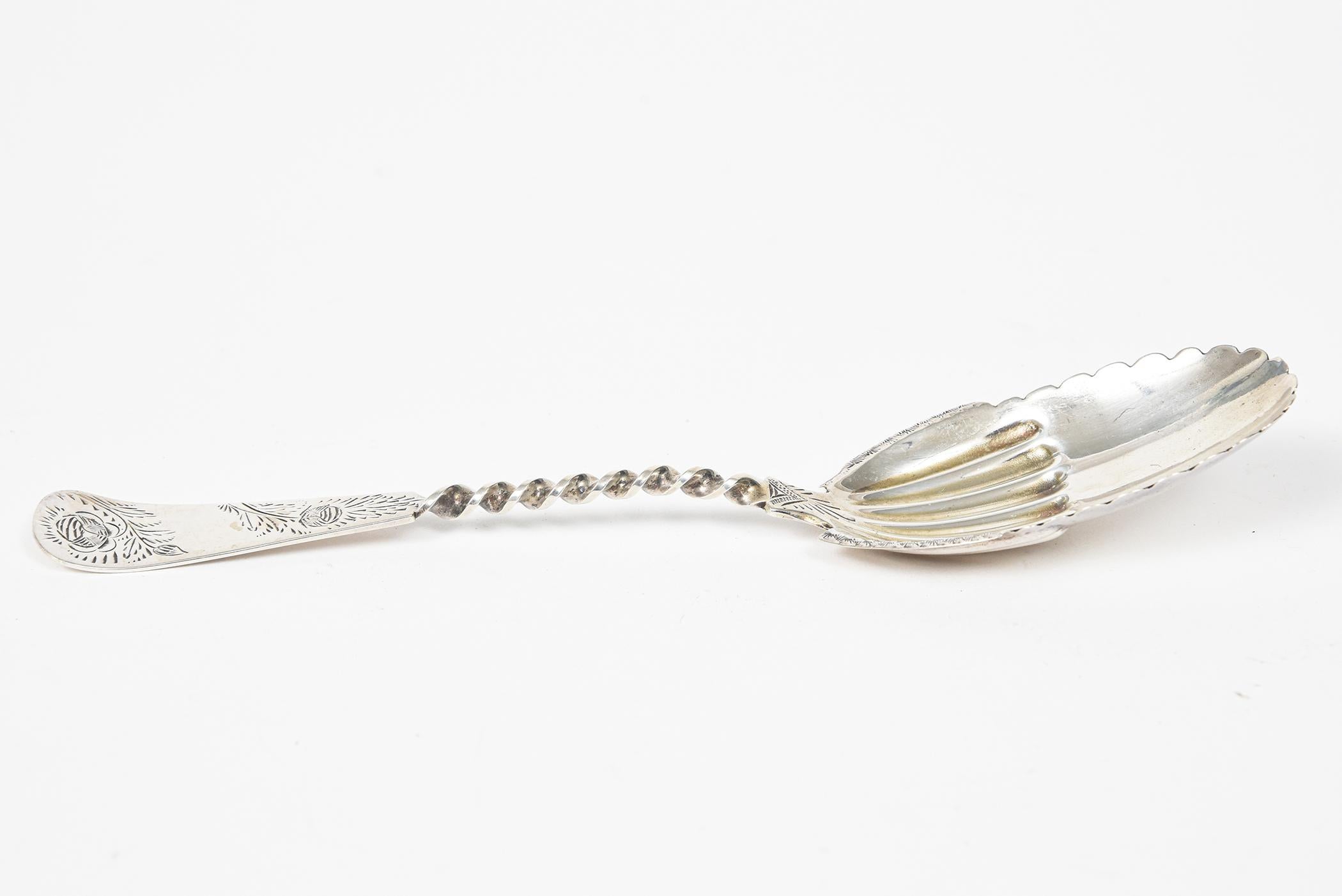 Antique Engraved Twisted Sterling Silver Serving Berry Spoon For Sale 1