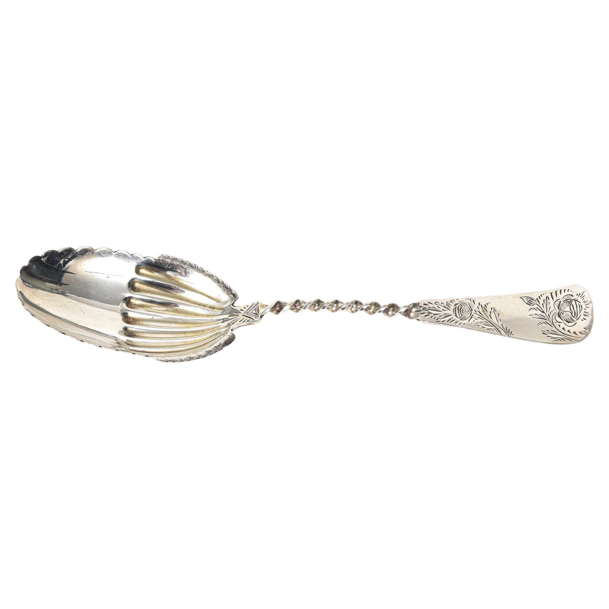 Antique Engraved Twisted Sterling Silver Serving Berry Spoon For Sale