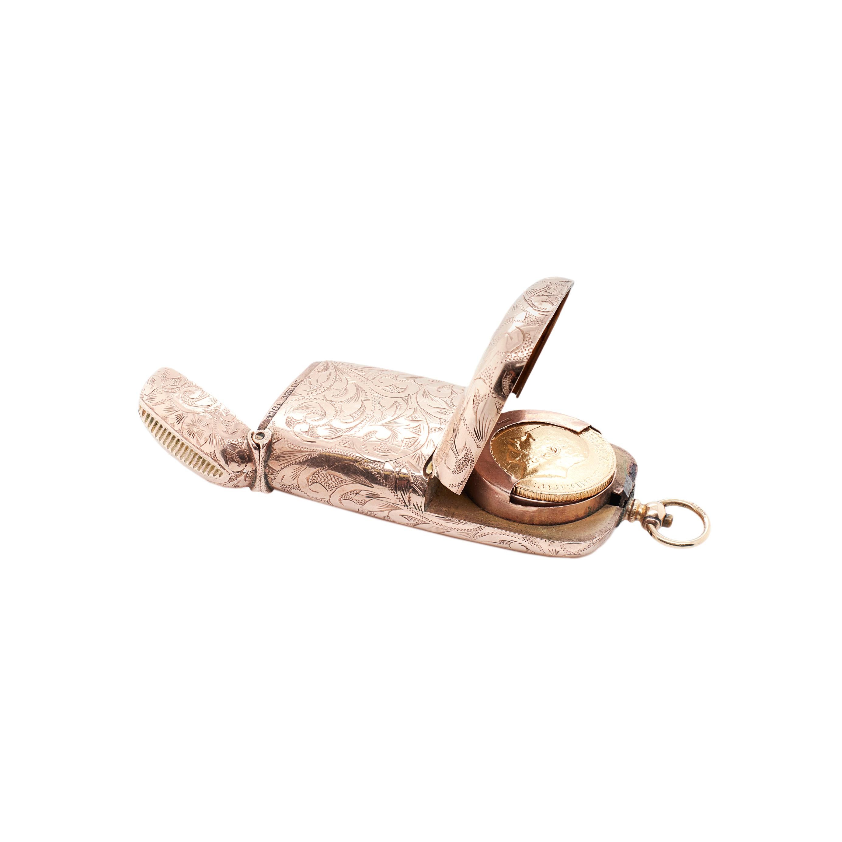 Antiguo estuche grabado de Vesta y monedero soberano en oro rosa de 9 quilates, 1900 en Bueno estado para la venta en London, GB