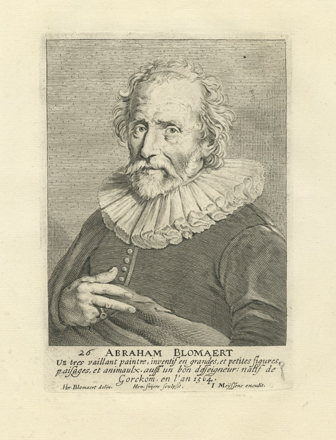 Antique print, titled: 'Abraham Blomaert' 

Portrait of Abraham Bloemaert after a self-portrait by Bloemaert, engraved by Hendrik Snijers. Abraham Bloemaert (1566 - 1651) was a Dutch painter and printmaker in etching and engraving. He was one of