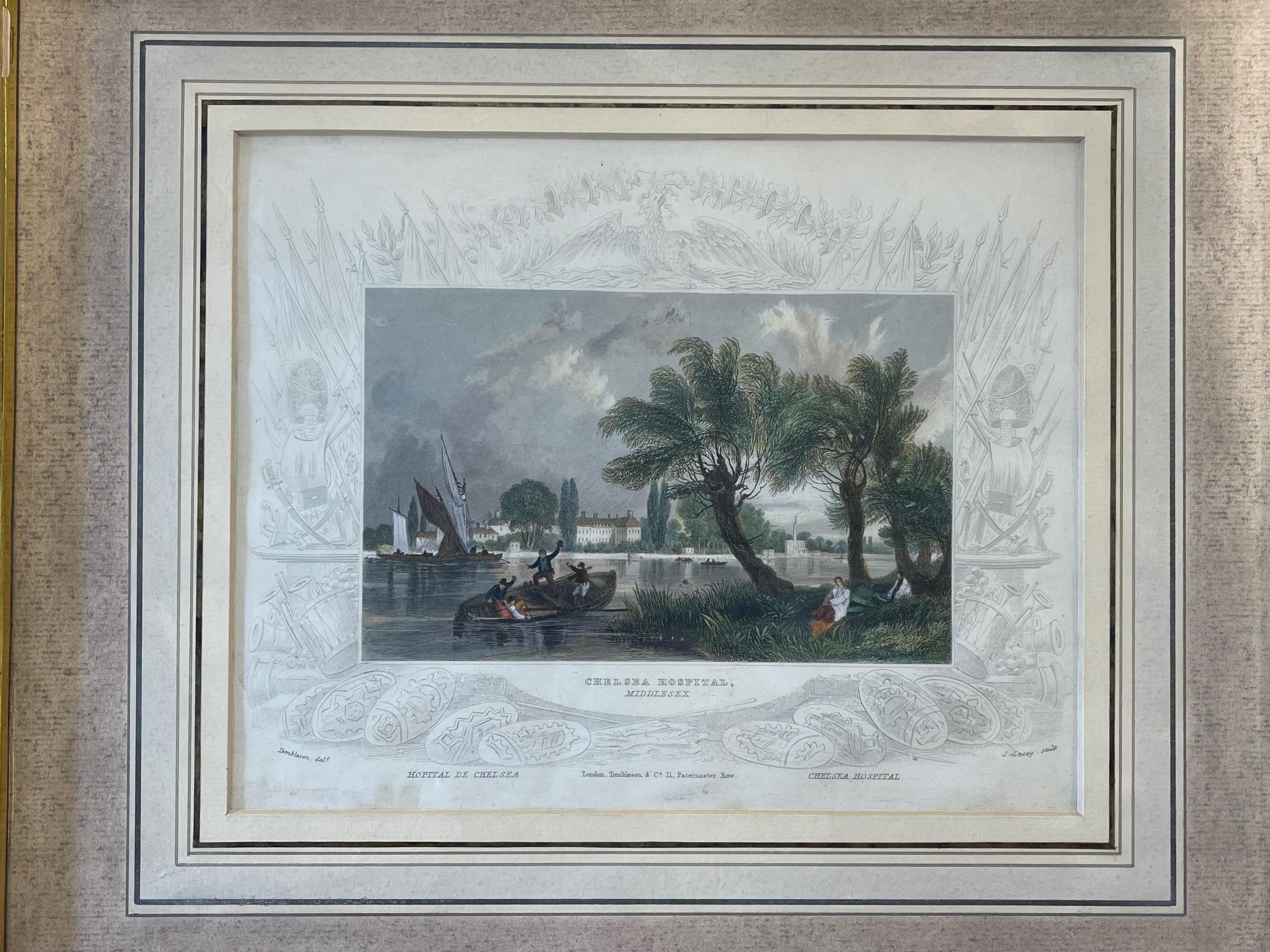 Antique Engraving “Chelsea Hospital, Middlesex” Giltwood Frame Circa 1834

William Tombleson (l. 18th - 19th c) & Samuel Lacey (1786-1859) engravers.  The print has an elaborate separate border depicting military equipment: swords, shields,