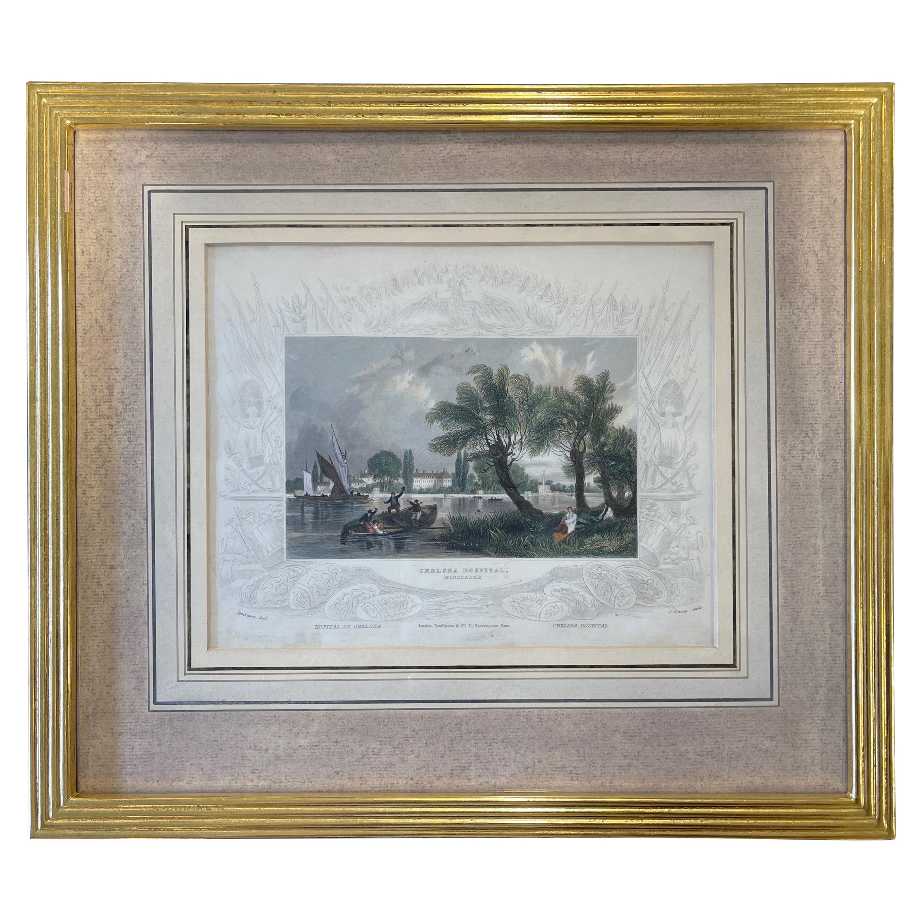 Grabado antiguo "Hospital de Chelsea, Middlesex" Marco de madera dorada Circa 1834